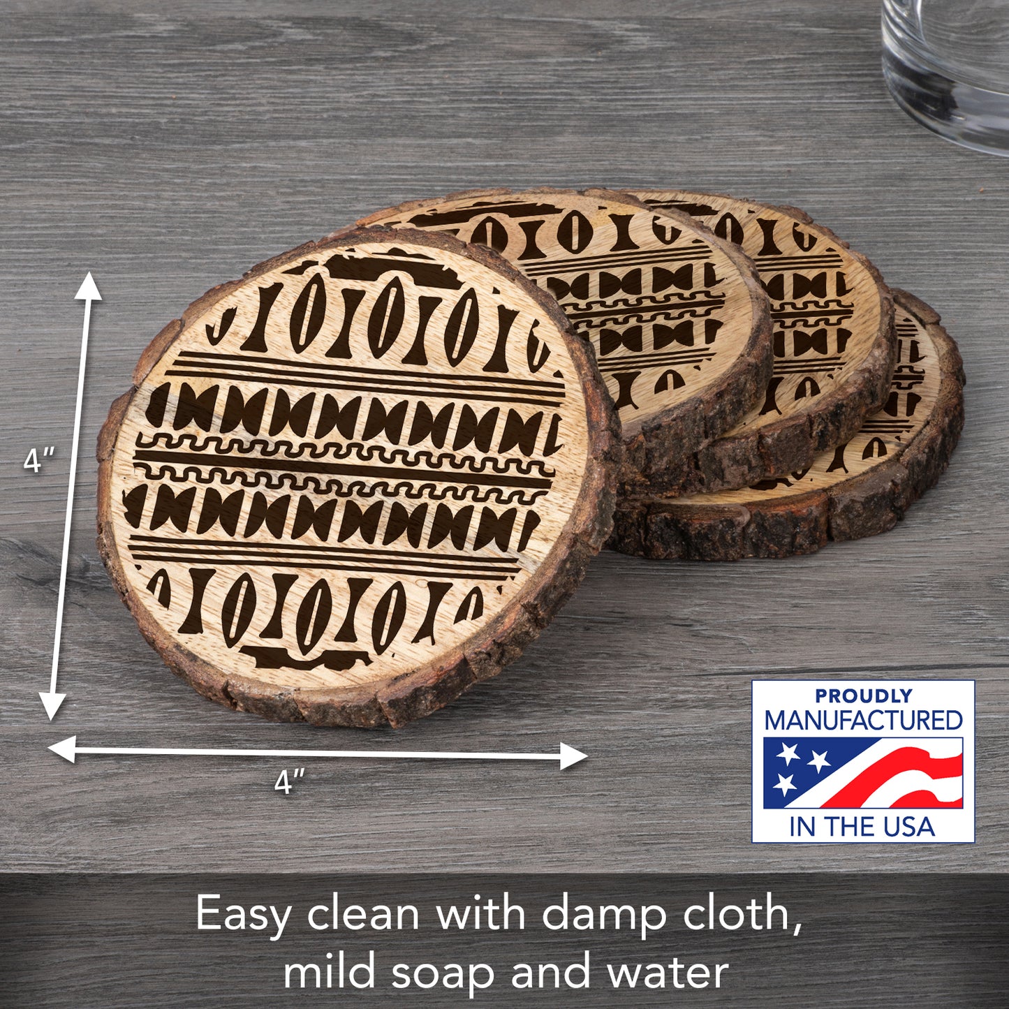 Thirstystone Tribal Pattern 4-Pack Mango Wood Coasters with Bark Edges 4.5" Round Manufactured in The USA