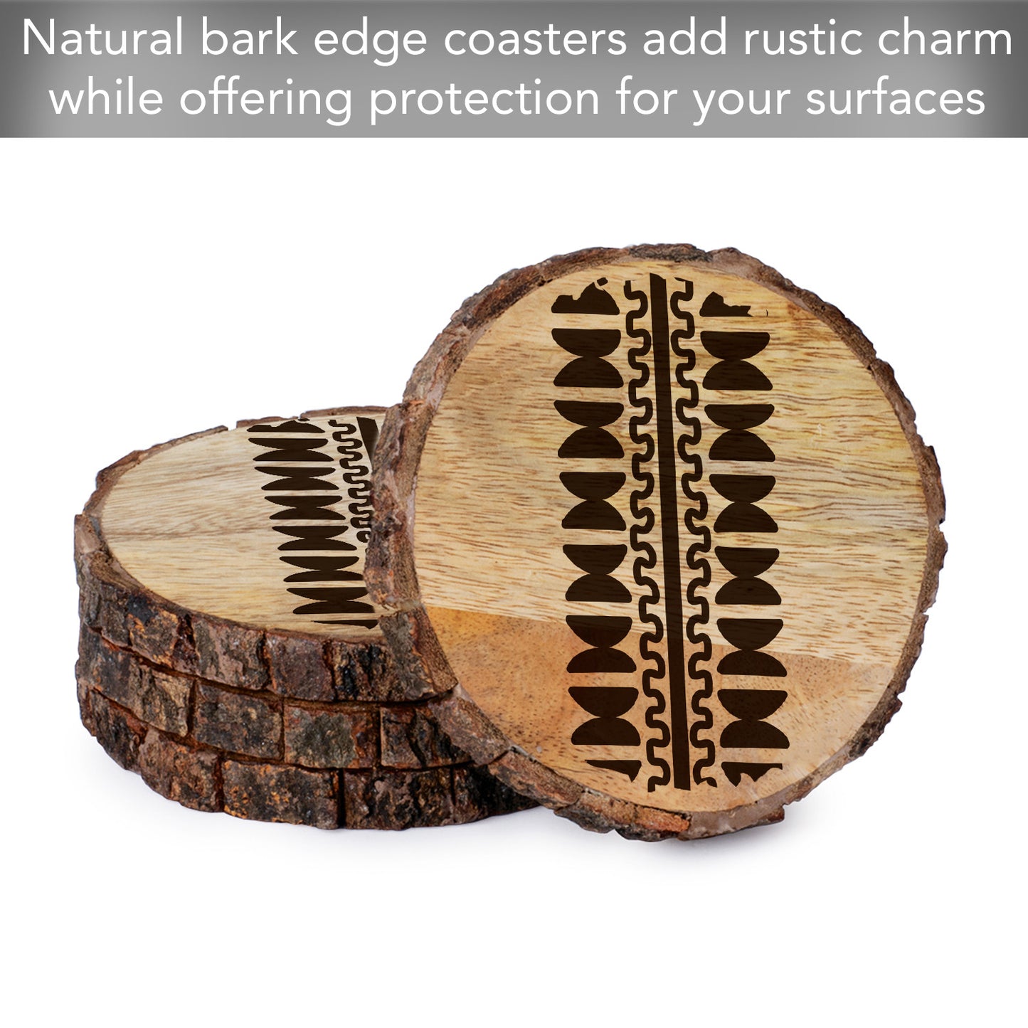 Thirstystone Geo Pattern 4-Pack Mango Wood Coasters with Bark Edges 4.5" Round Manufactured in The USA