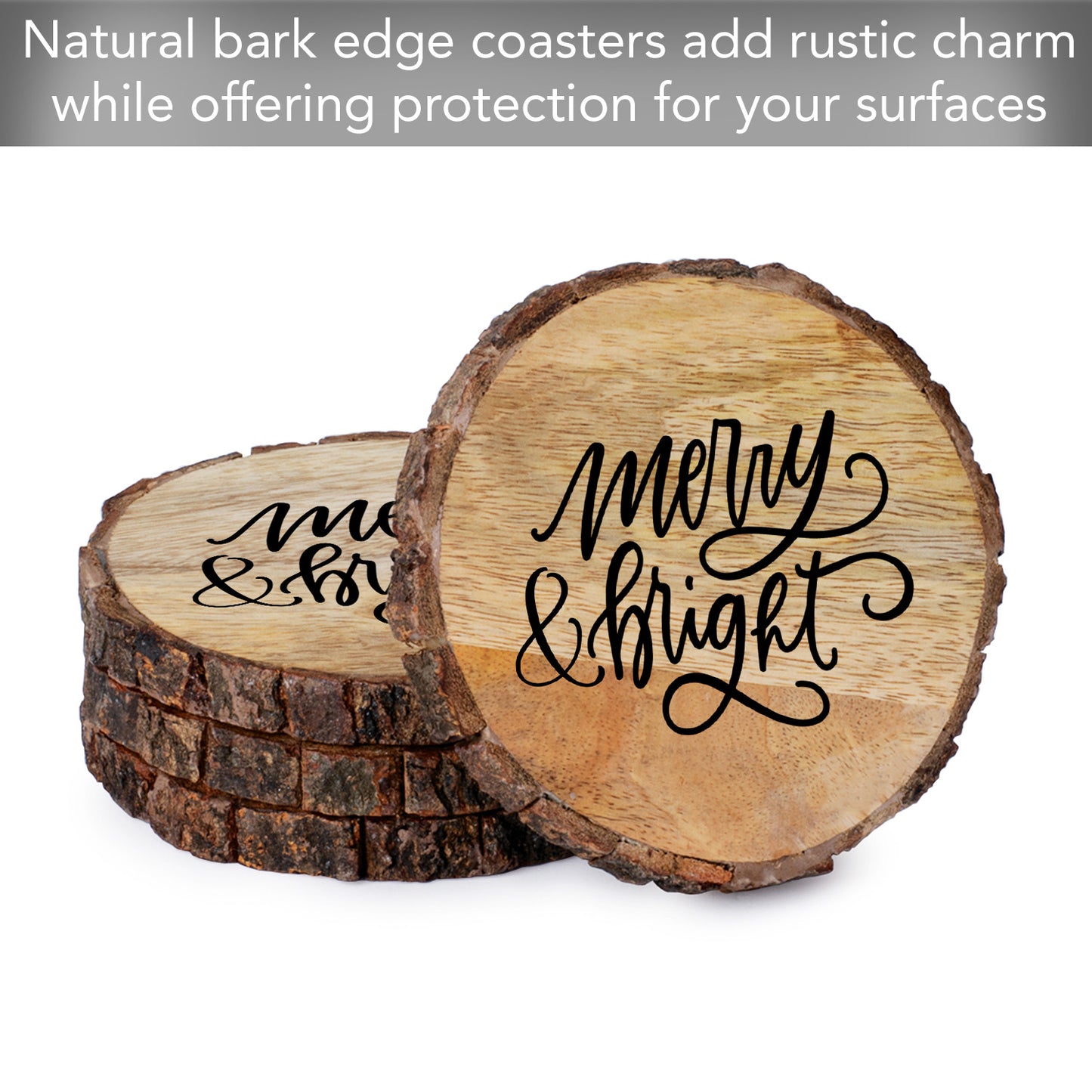 Thirstystone Merry & Bright 4-Pack Mango Wood Coasters with Bark Edges 4.5" Round Manufactured in The USA