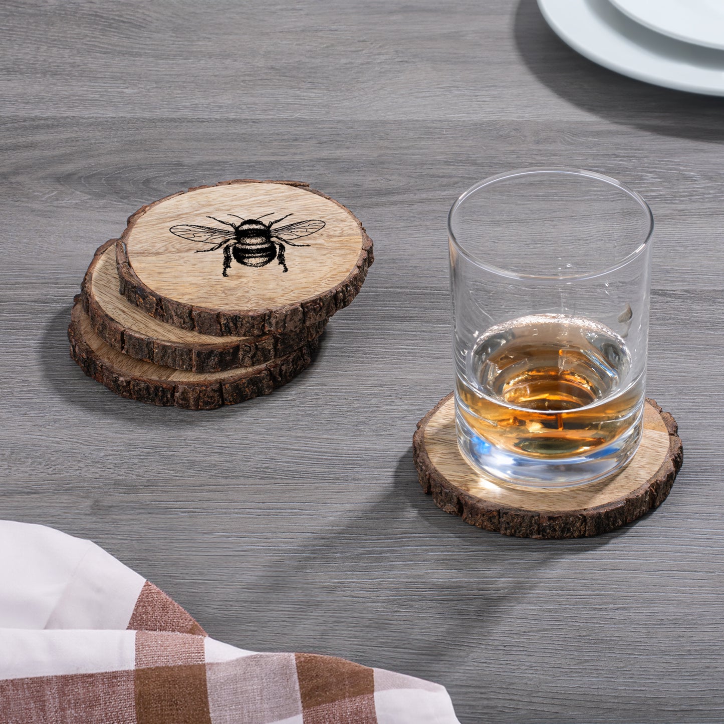 Thirstystone Bee 4-Pack Mango Wood Coasters with Bark Edges 4.5" Round Manufactured in The USA