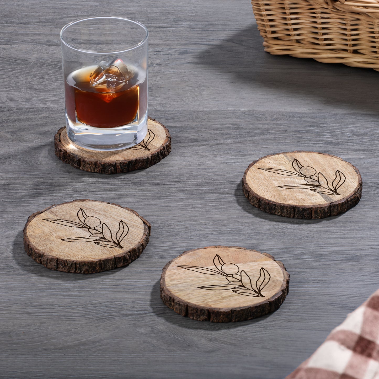 Thirstystone Olive Branch 4-Pack Mango Wood Coasters with Bark Edges 4.5" Round Manufactured in The USA