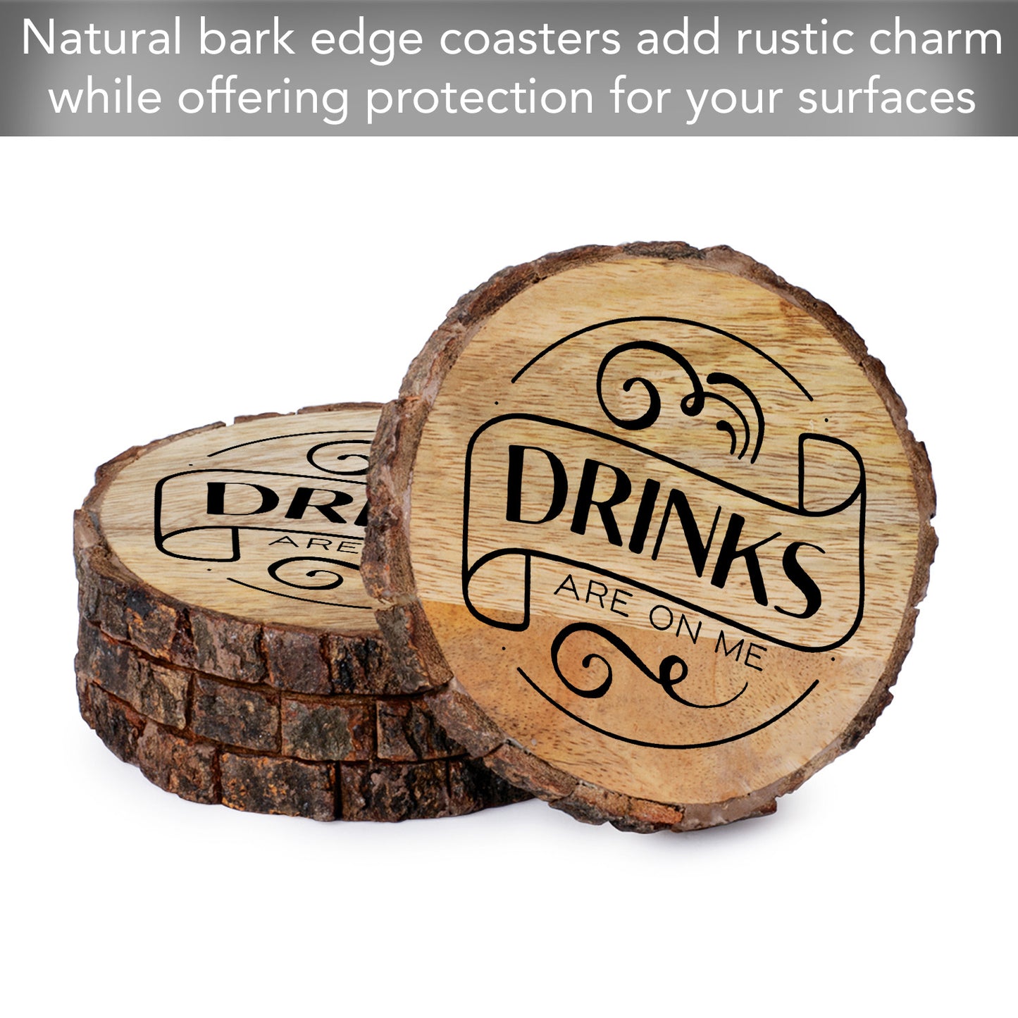 Thirstystone Drinks On Me 4-Pack Mango Wood Coasters with Bark Edges 4.5" Round Manufactured in The USA