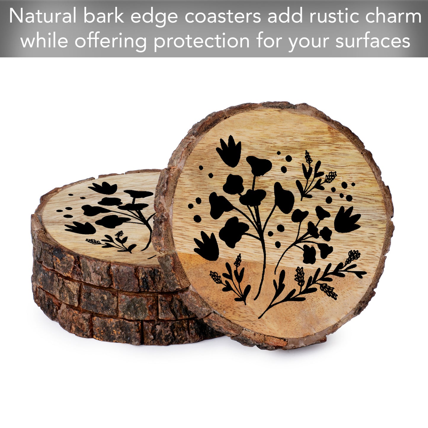 Thirstystone Black Flowers 4-Pack Mango Wood Coasters with Bark Edges 4.5" Round Manufactured in The USA