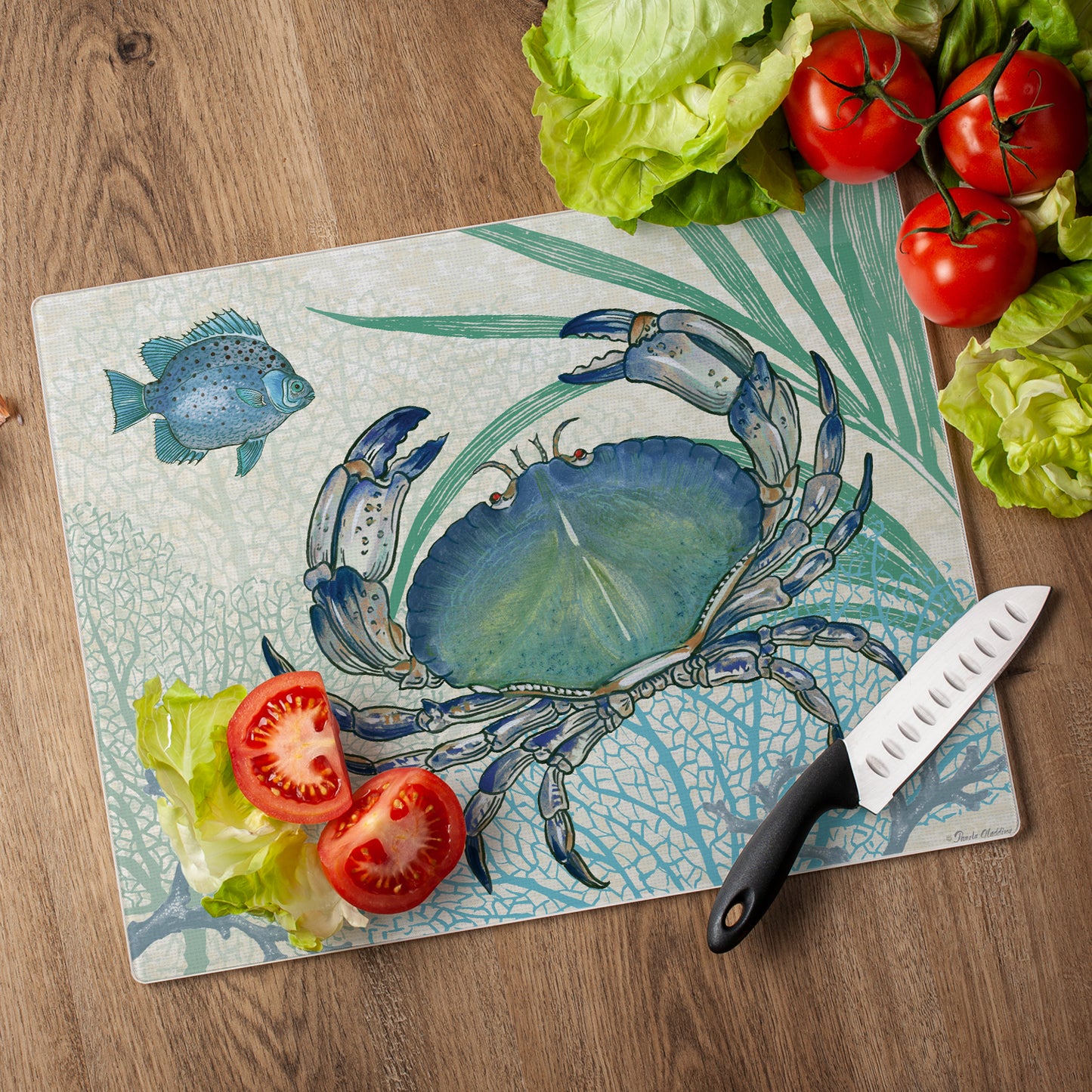 CounterArt Oceana Crab 3mm Tempered Glass Cutting Board 15” x 12” Manufactured in the USA