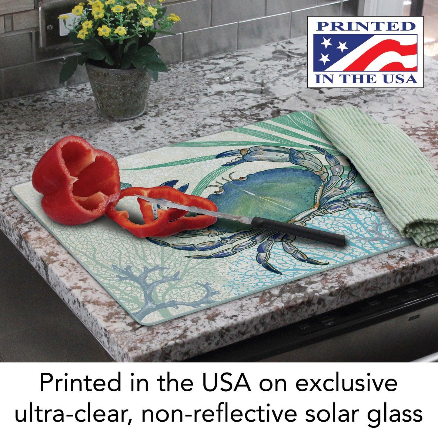 CounterArt Oceana Crab 3mm Tempered Glass Cutting Board 15” x 12” Manufactured in the USA