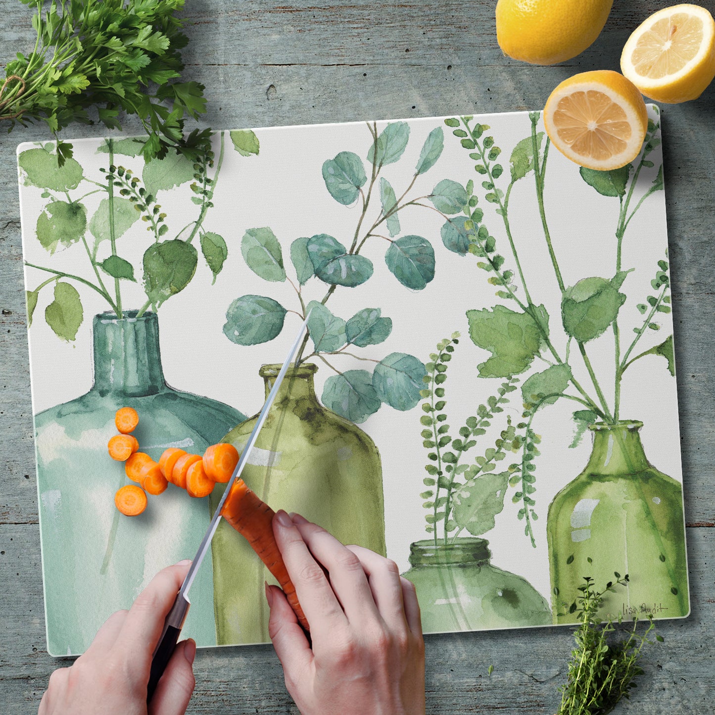 CounterArt Greenery 3mm Tempered Glass Cutting Board 15" x 12" Manufactured in the USA