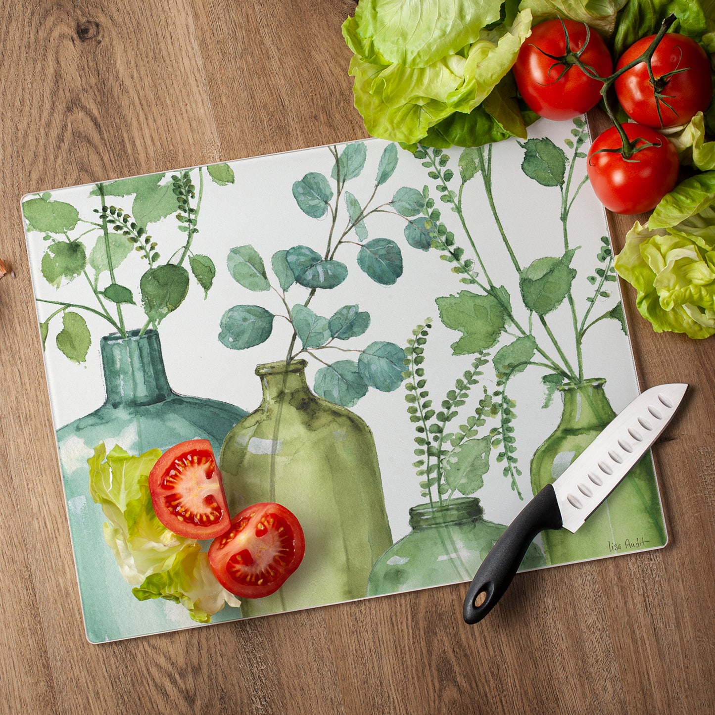 CounterArt Greenery 3mm Tempered Glass Cutting Board 15" x 12" Manufactured in the USA