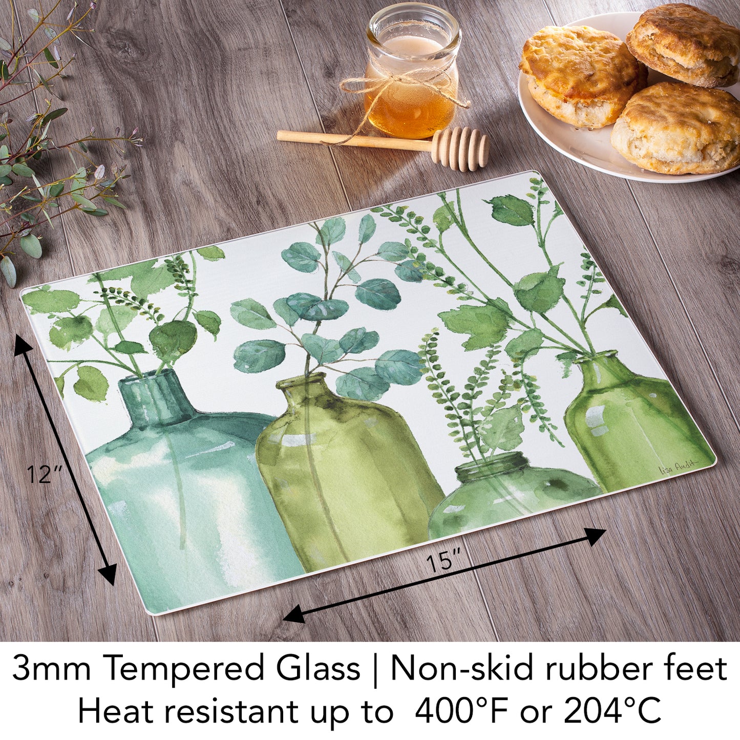 CounterArt Greenery 3mm Tempered Glass Cutting Board 15" x 12" Manufactured in the USA