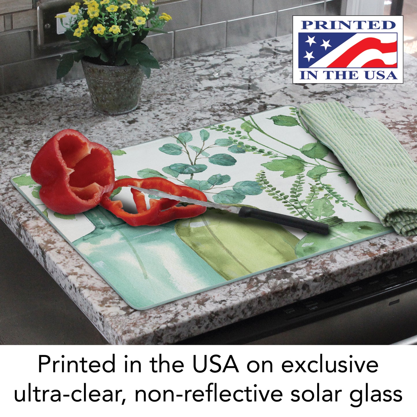 CounterArt Greenery 3mm Tempered Glass Cutting Board 15" x 12" Manufactured in the USA