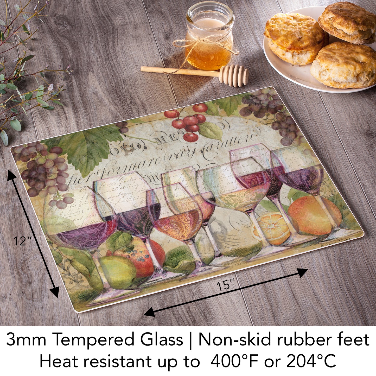 CounterArt Wine Country 3mm Tempered Glass Cutting Board 15" x 12" Manufactured in the USA