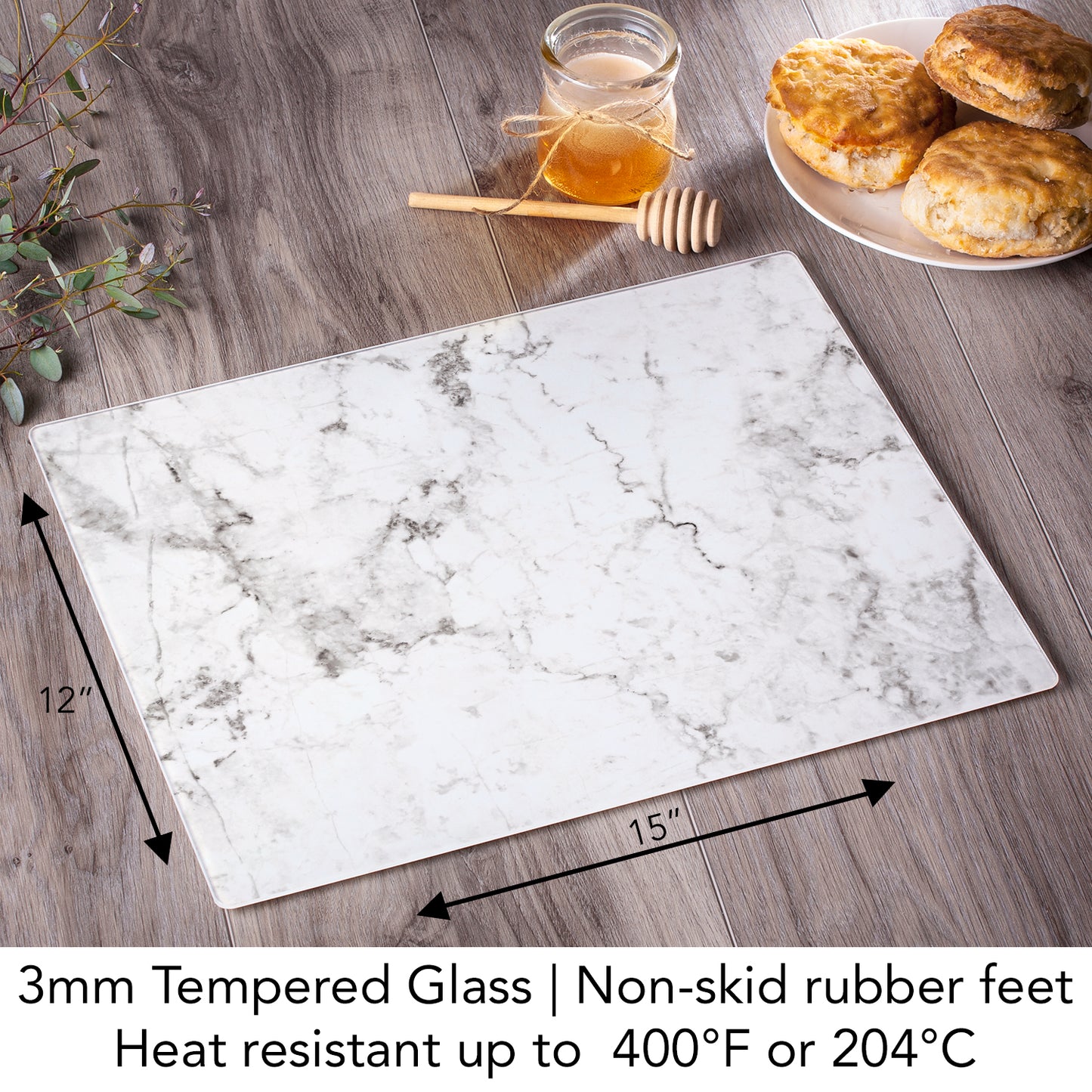 CounterArt White Marble Design 3mm Tempered Glass Cutting Board 15” x 12” Manufactured in the USA