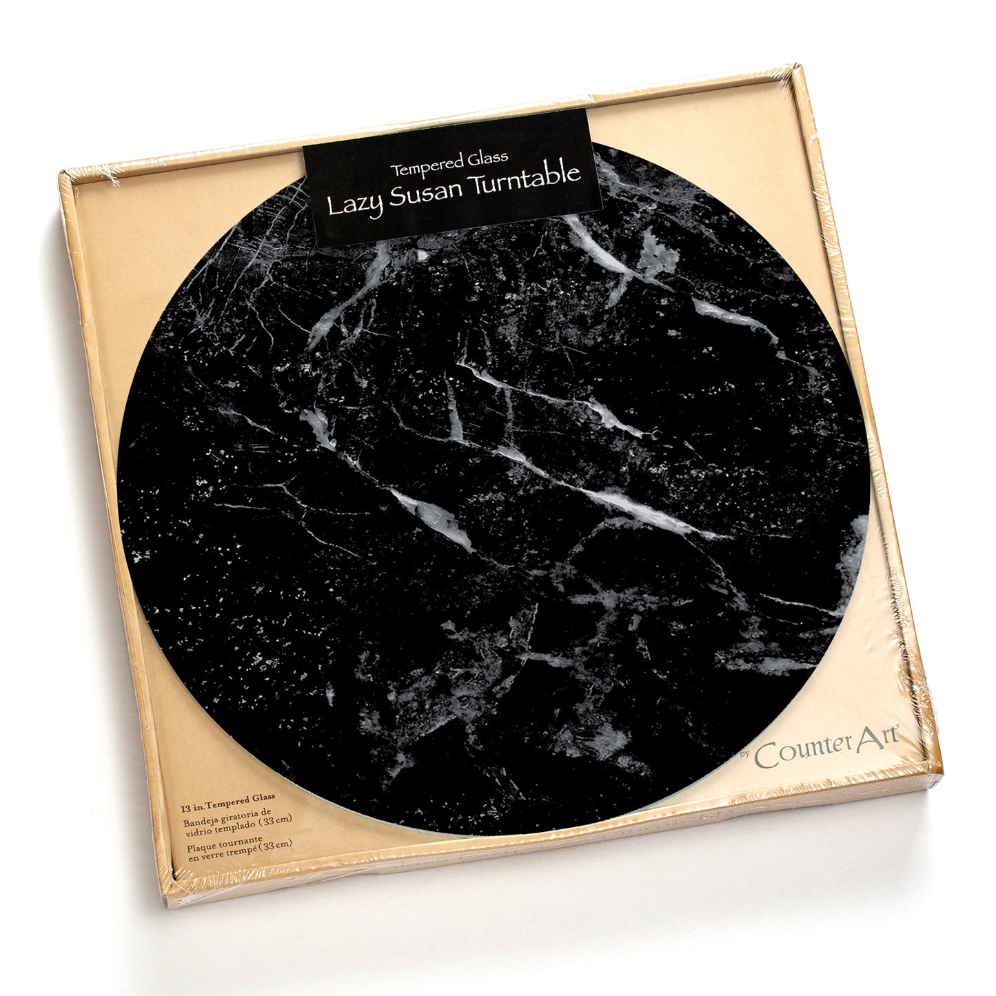 CounterArt Black Marble Design 4mm Tempered Glass Lazy Susan Turntable 13" Diameter