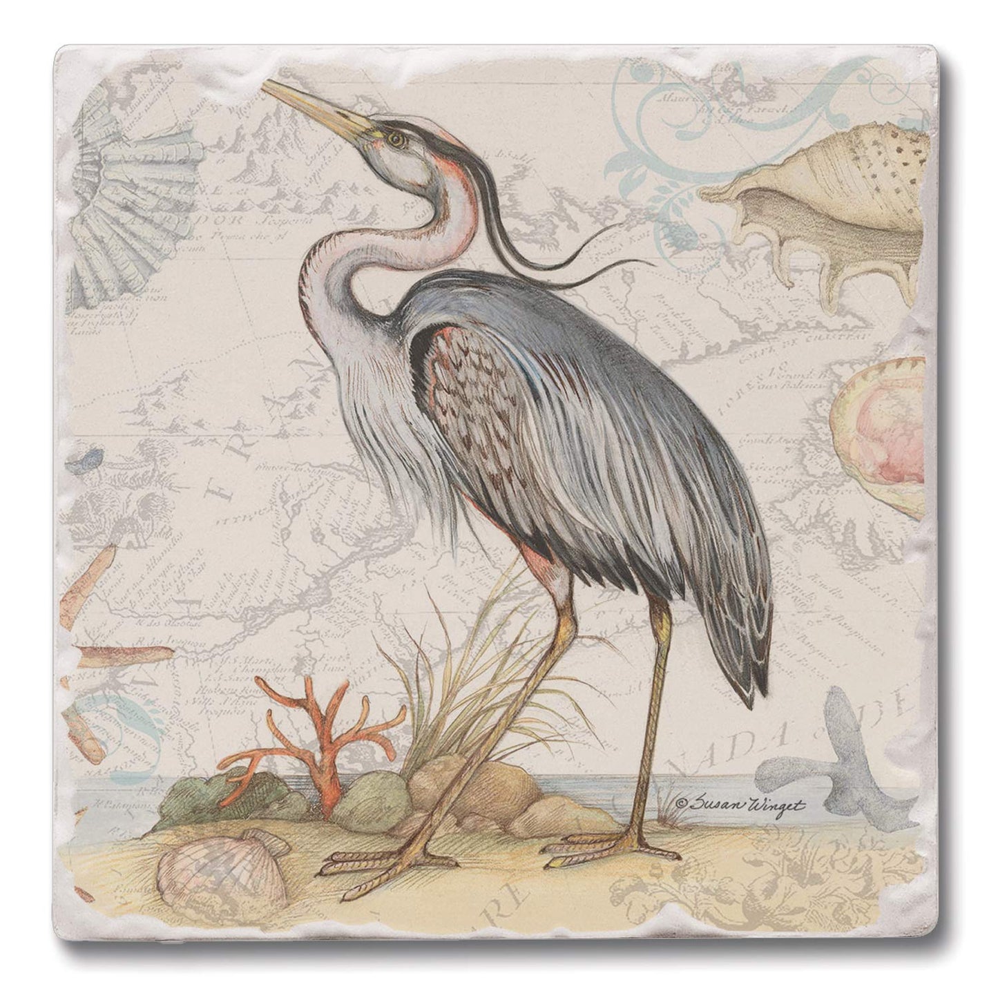 Thirstystone Blue Heron 4 Pack Tumbled Tile Stone Coasters 4" Square Manufactured in the USA