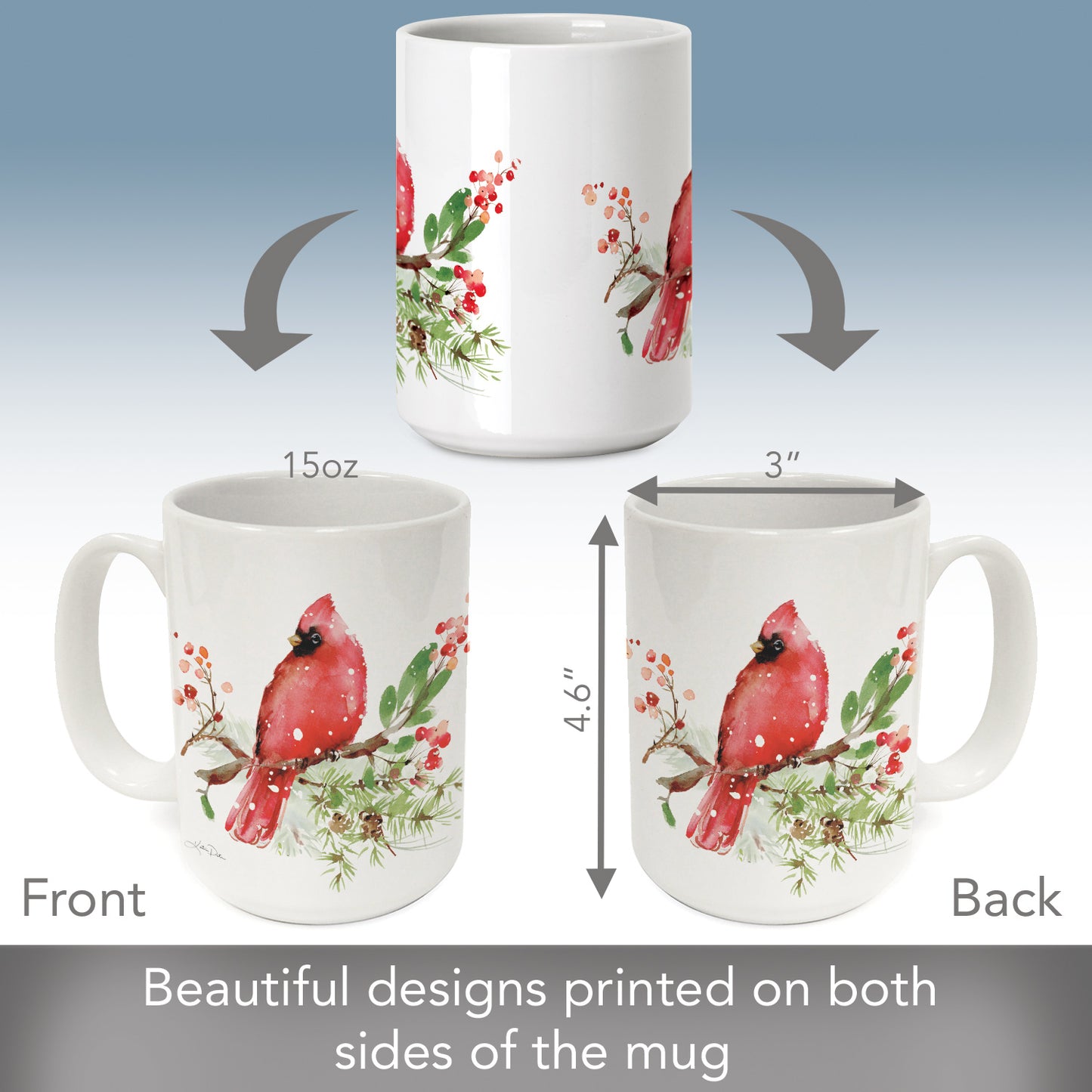 Highland Home Holiday Cardinals Large Decorative Ceramic Mug 15 oz. Manufactured in the USA