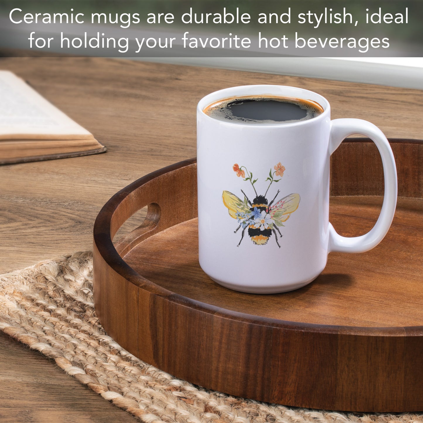 Highland Home Floral Bee Large Decorative Ceramic Mug 15 oz. Manufactured in the USA