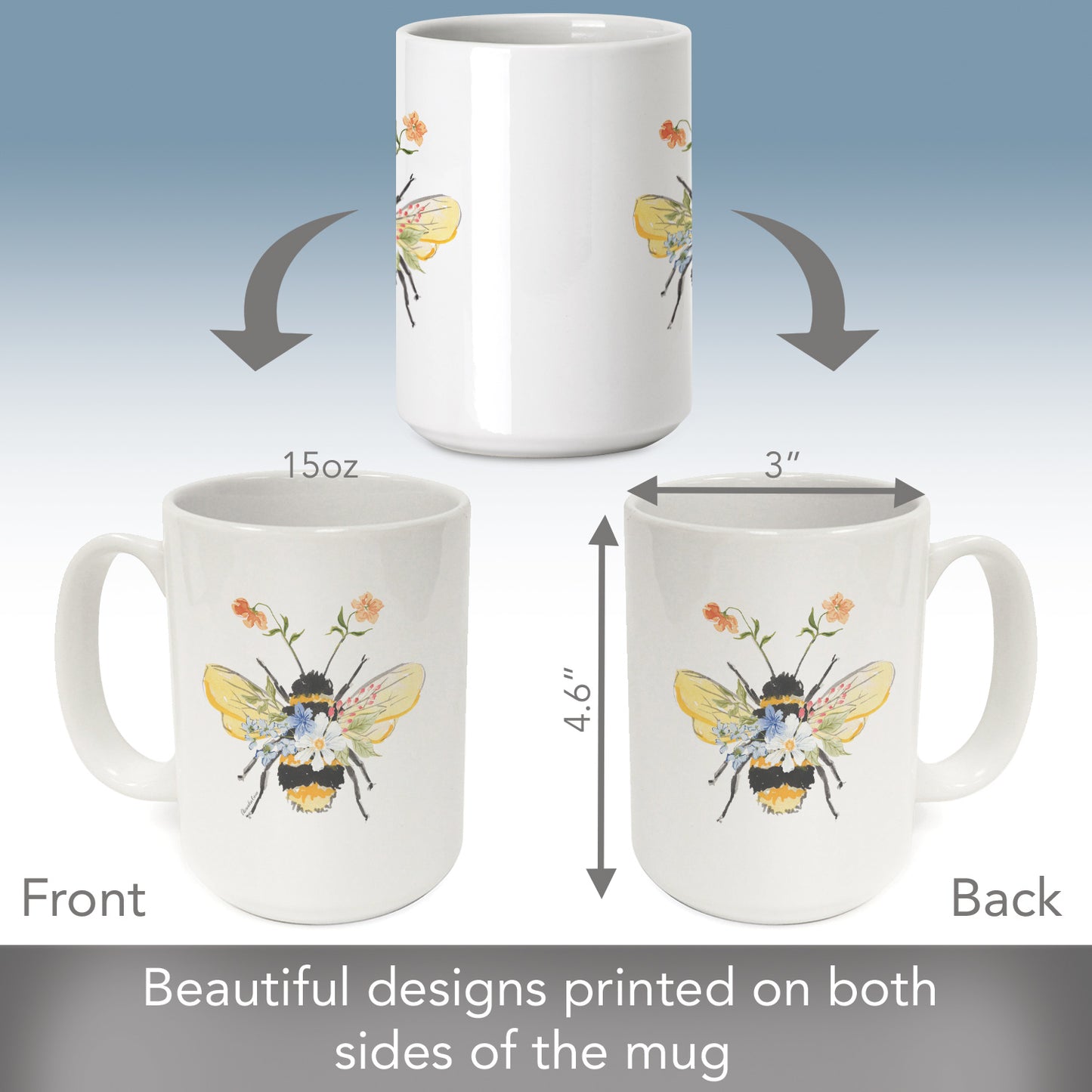 Highland Home Floral Bee Large Decorative Ceramic Mug 15 oz. Manufactured in the USA