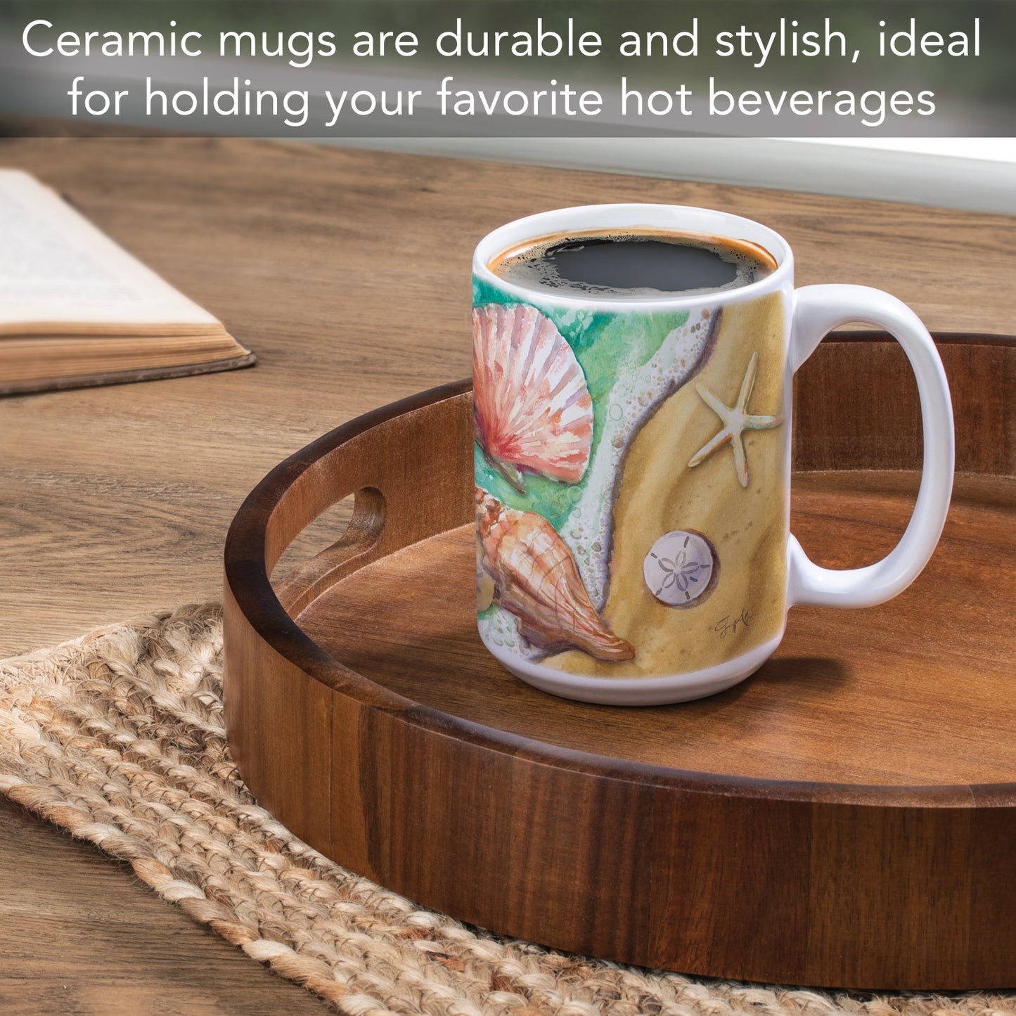 Highland Home Beach Shells Large Decorative Ceramic Mug 15 oz. Manufactured in the USA