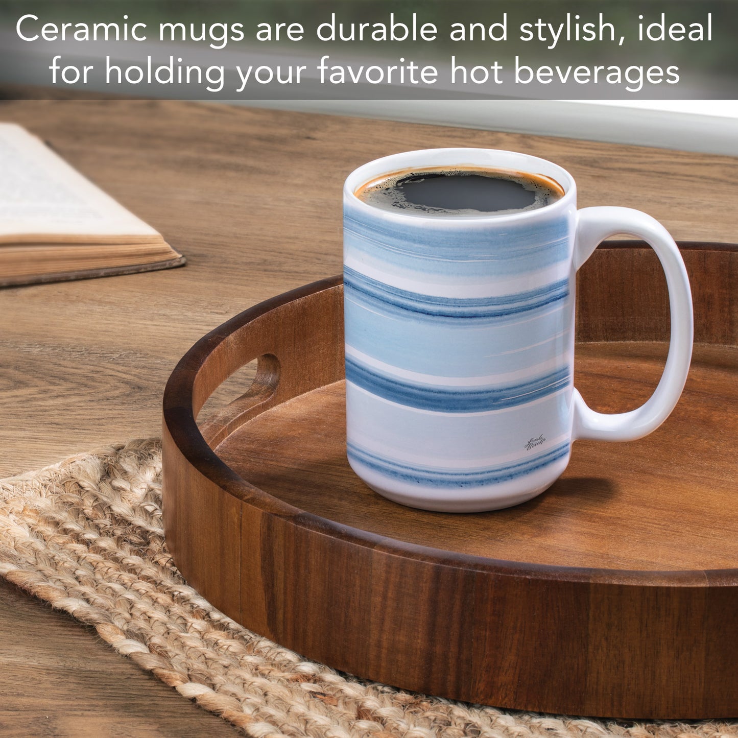 Highland Home Ocean Stripes 15 oz. Ceramic Mug Manufactured in the USA Dishwasher Safe Microwave Safe