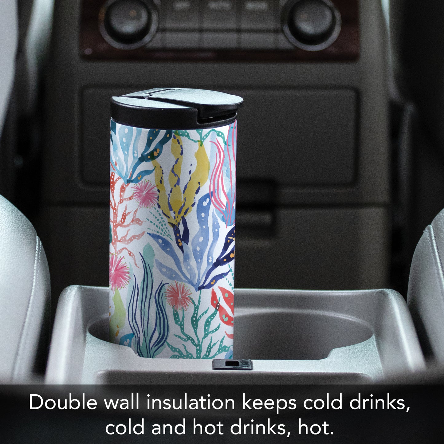 Highland Home Decorative Stainless Steel Double Wall Insulated Travel Tumbler with Lid 17 oz. Manufactured in the USA Dishwasher Safe (Coastal Coral)