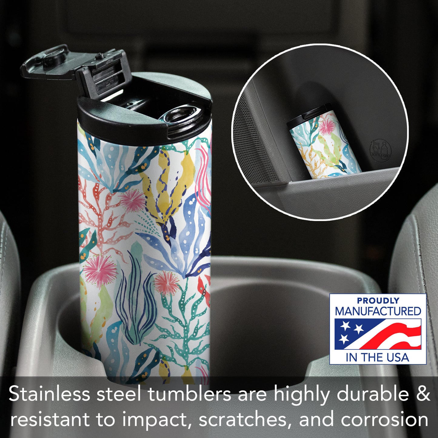 Highland Home Decorative Stainless Steel Double Wall Insulated Travel Tumbler with Lid 17 oz. Manufactured in the USA Dishwasher Safe (Coastal Coral)