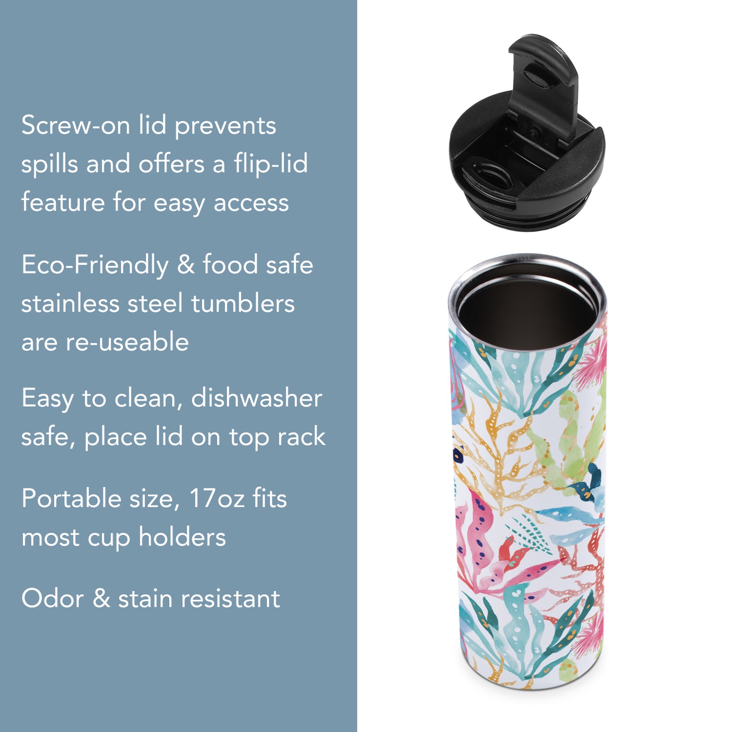 Highland Home Decorative Stainless Steel Double Wall Insulated Travel Tumbler with Lid 17 oz. Manufactured in the USA Dishwasher Safe (Coastal Coral)
