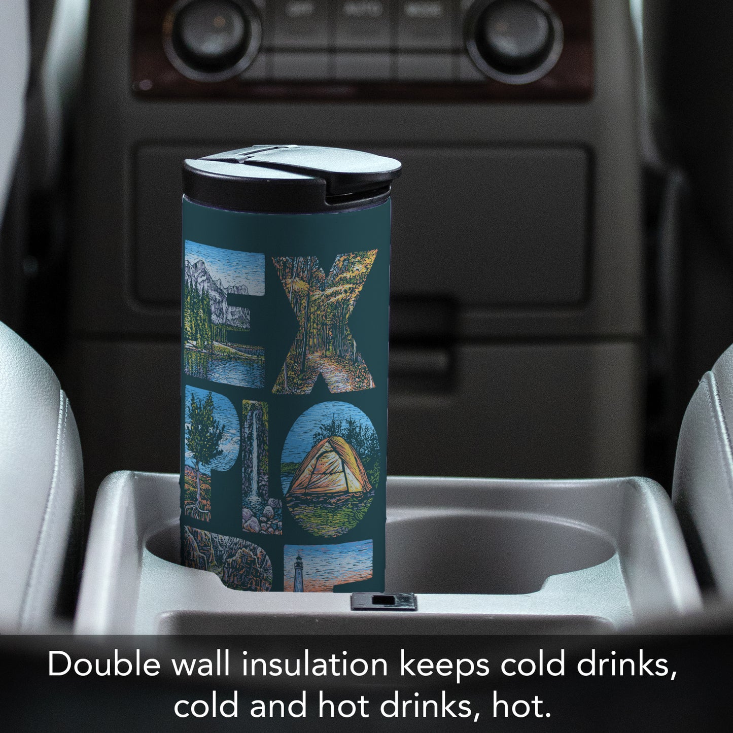 Explore Decorative Stainless Steel Double Wall Insulated Travel Tumbler with Lid 17 oz.