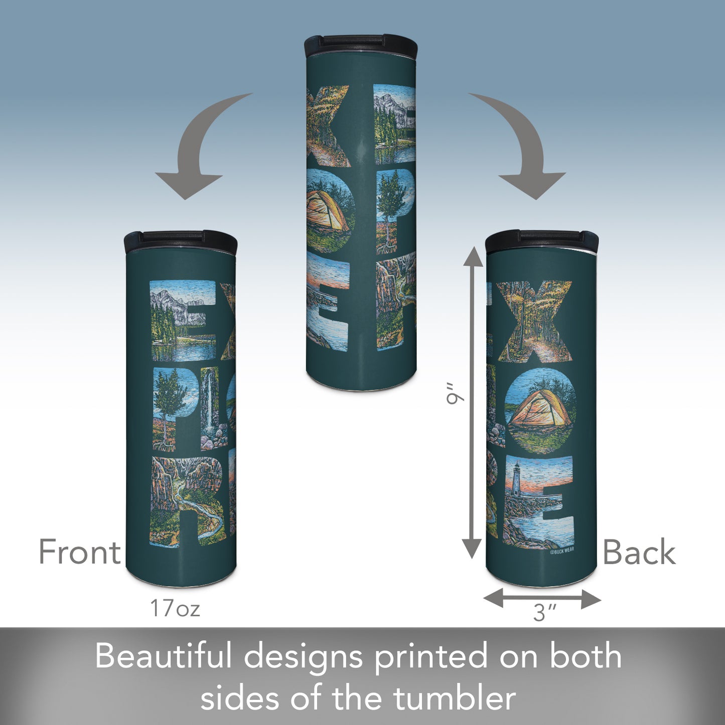 Explore Decorative Stainless Steel Double Wall Insulated Travel Tumbler with Lid 17 oz.