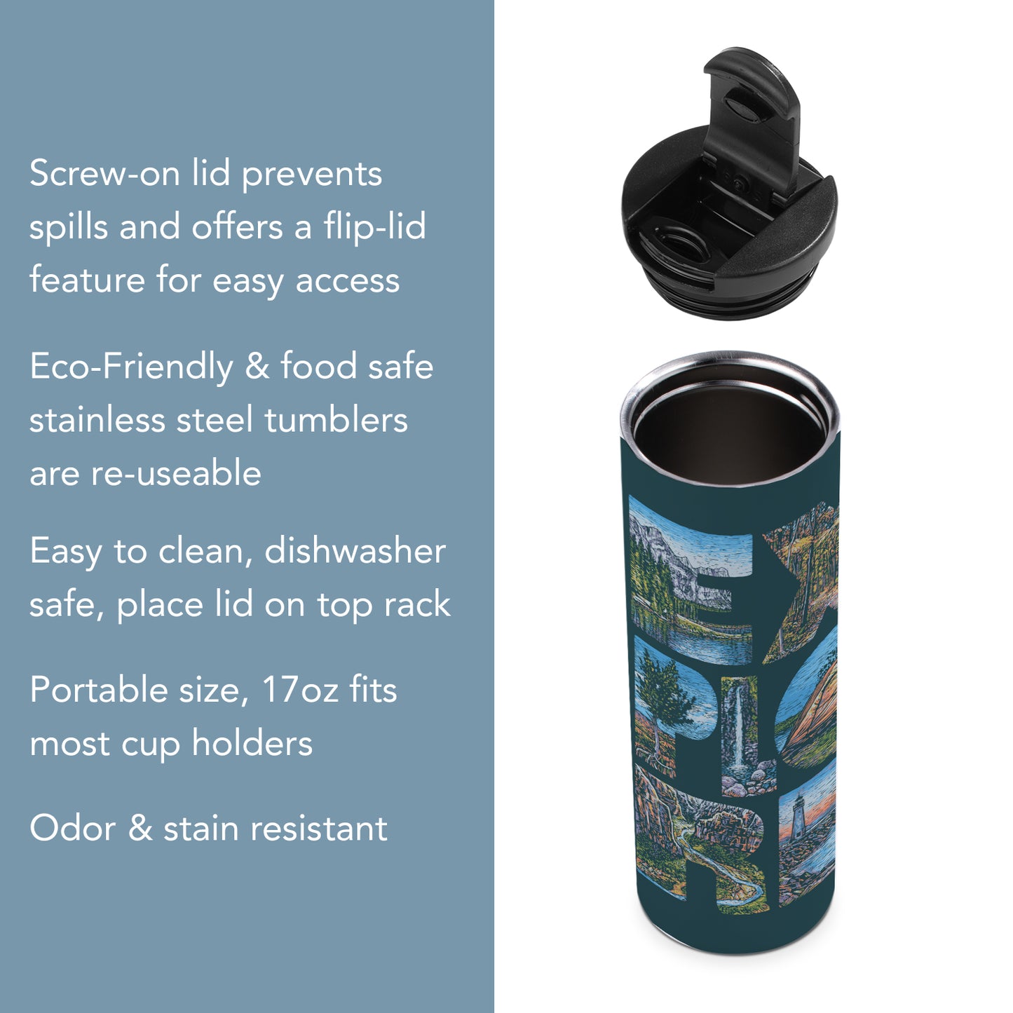 Explore Decorative Stainless Steel Double Wall Insulated Travel Tumbler with Lid 17 oz.
