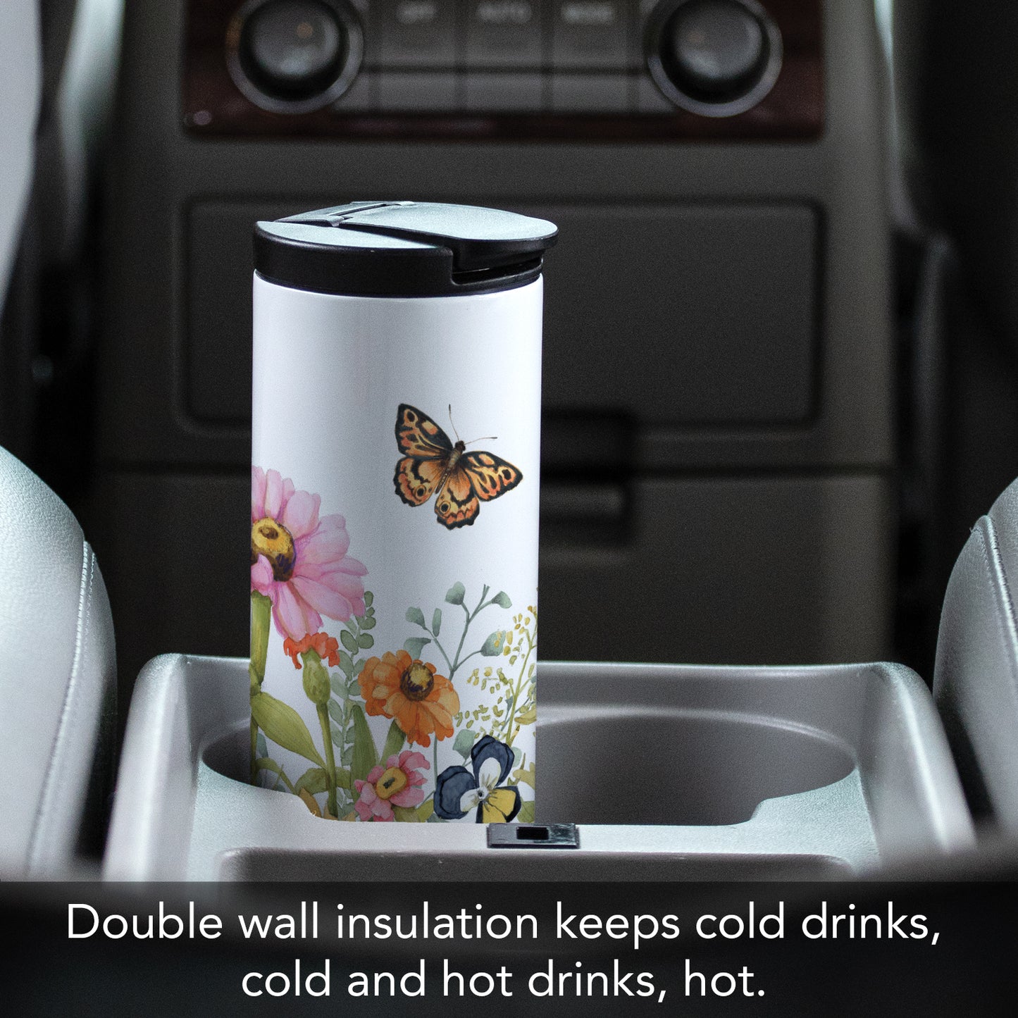 Highland Home Garden Walk Butterflies Decorative Stainless Steel Double Wall Insulated Travel Tumbler with Lid 17 oz. Manufactured in the USA Dishwasher Safe