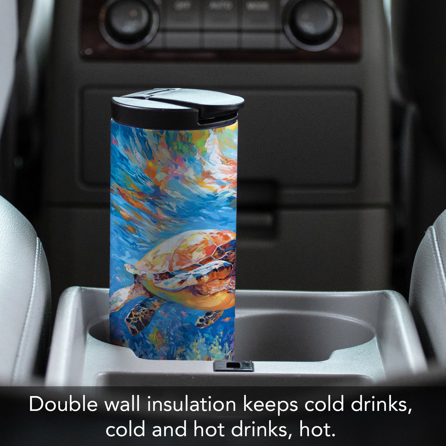 Highland Home Bright Sea Turtle Decorative Stainless Steel Double Wall Insulated Travel Tumbler with Lid 17 oz. Manufactured in the USA Dishwasher Safe