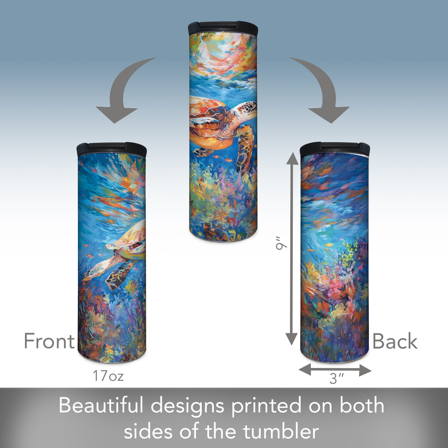 Bright Sea Turtle Decorative Stainless Steel Double Wall Insulated Travel Tumbler with Lid 17 oz.