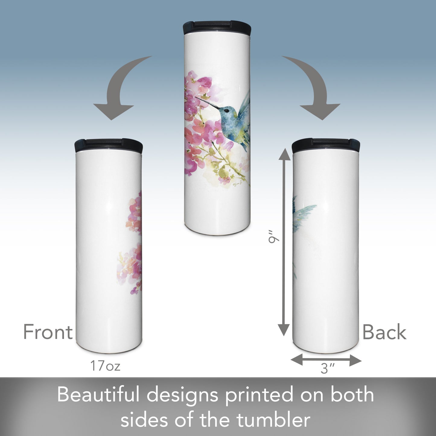 Highland Home Hummingbird Watercolor Decorative Stainless Steel Double Wall Insulated Travel Tumbler with Lid 17 oz. Manufactured in the USA Dishwasher Safe