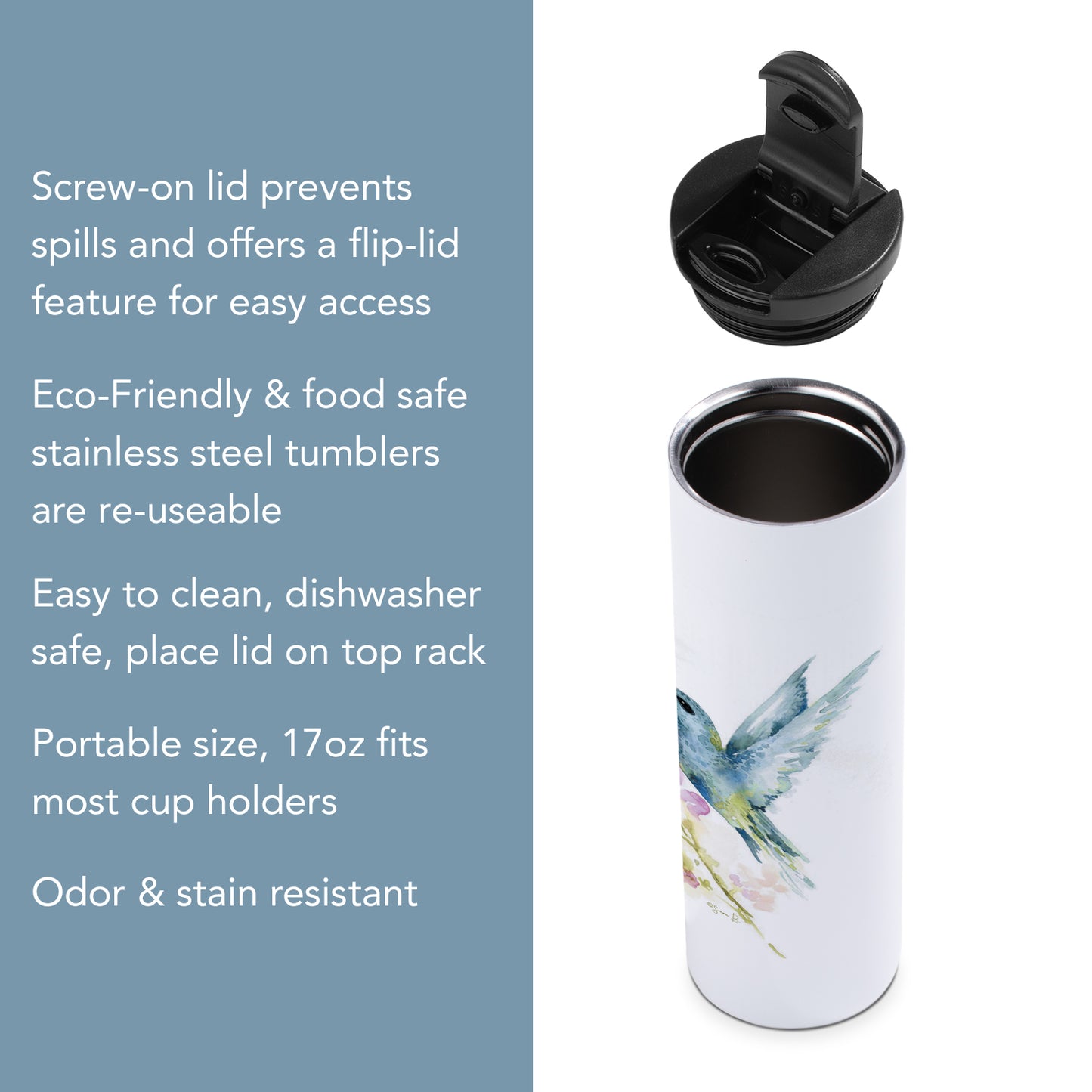 Highland Home Hummingbird Watercolor Decorative Stainless Steel Double Wall Insulated Travel Tumbler with Lid 17 oz. Manufactured in the USA Dishwasher Safe