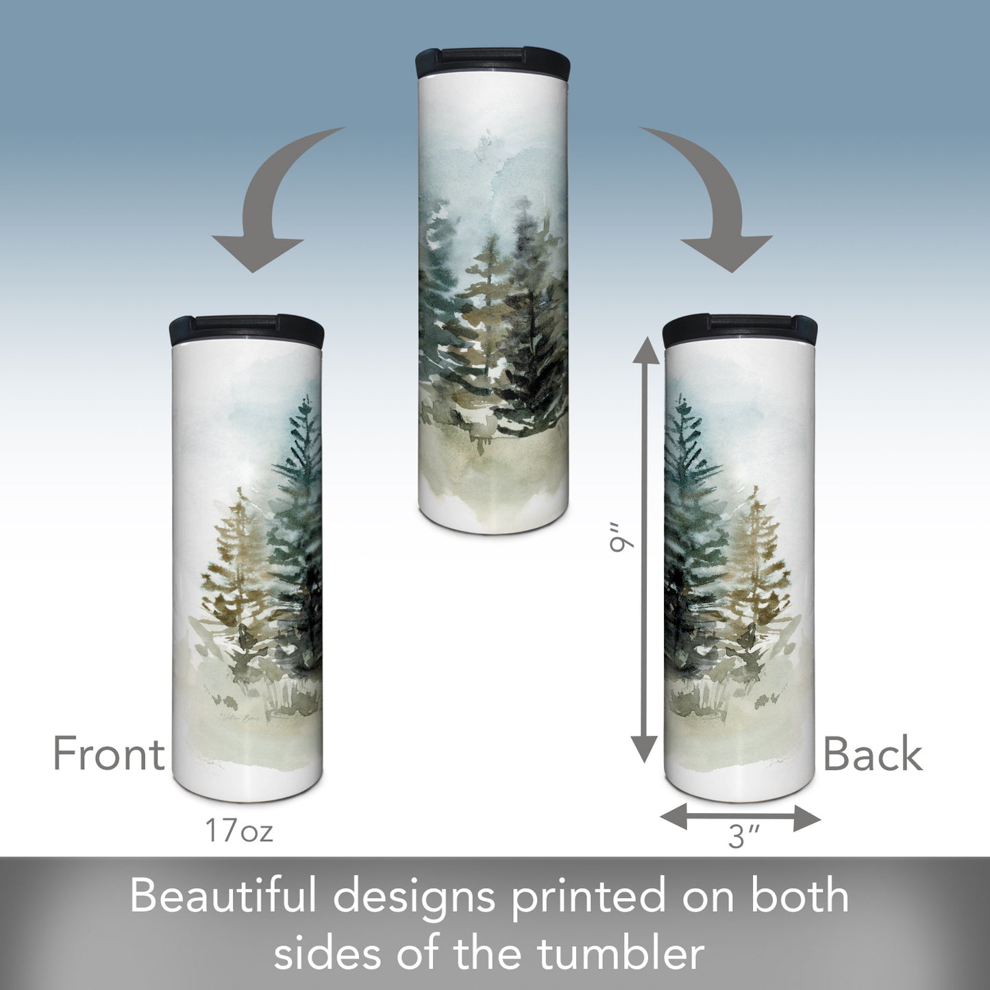 Highland Home Washy Treeline Decorative Stainless Steel Double Wall Insulated Travel Tumbler with Lid 17 oz. Manufactured in the USA Dishwasher Safe