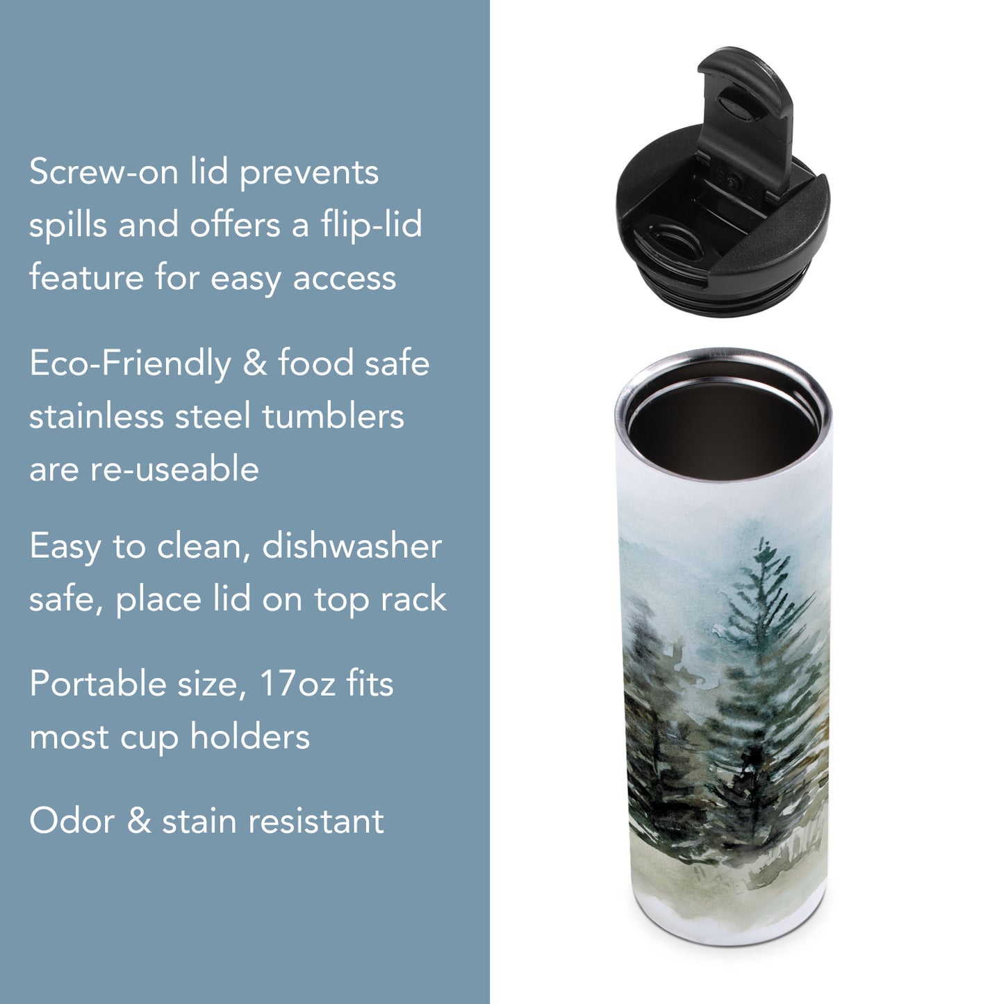 Highland Home Washy Treeline Decorative Stainless Steel Double Wall Insulated Travel Tumbler with Lid 17 oz. Manufactured in the USA Dishwasher Safe