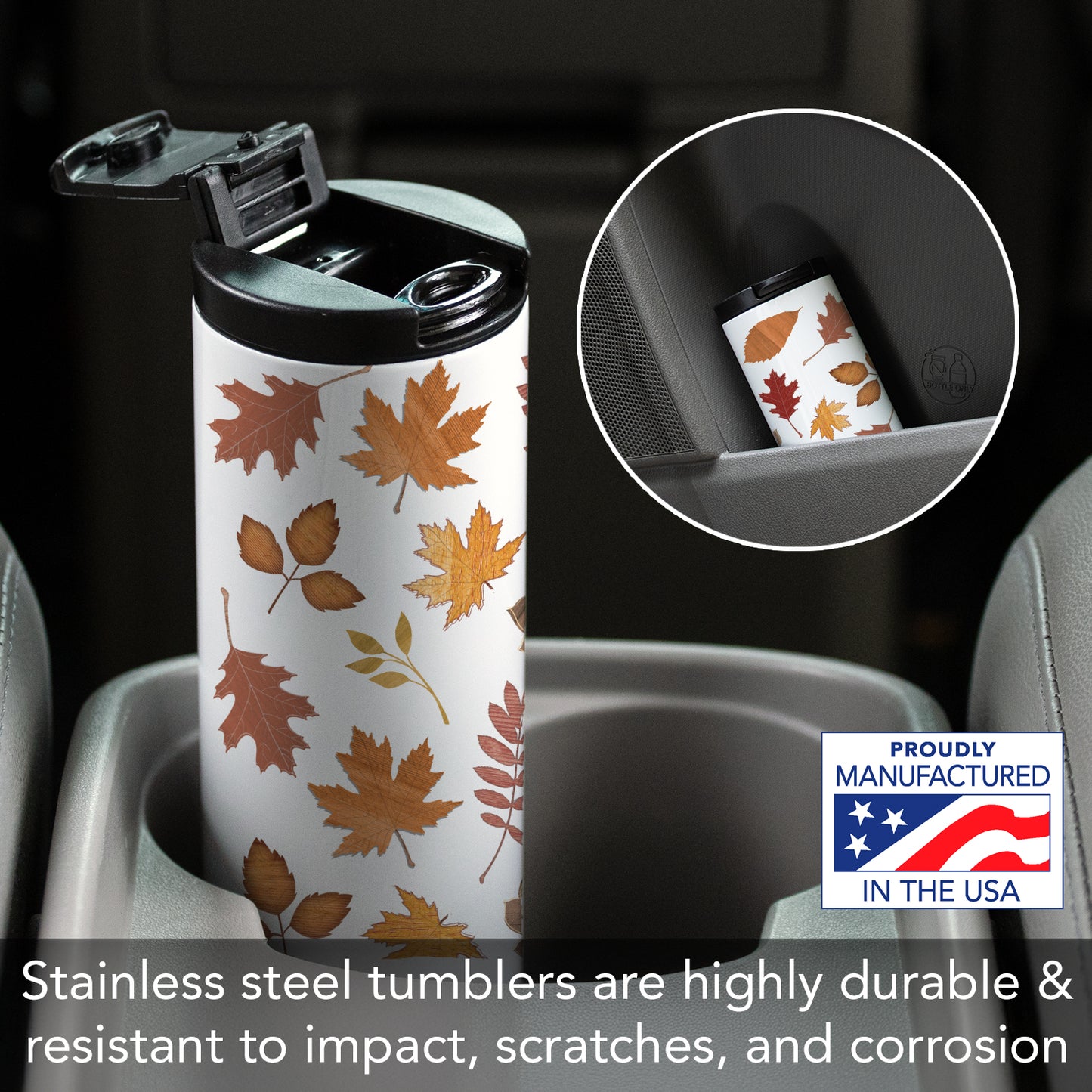 Highland Home Fall Leaves Decorative Stainless Steel Double Wall Insulated Travel Tumbler with Lid 17 oz. Manufactured in the USA Dishwasher Safe