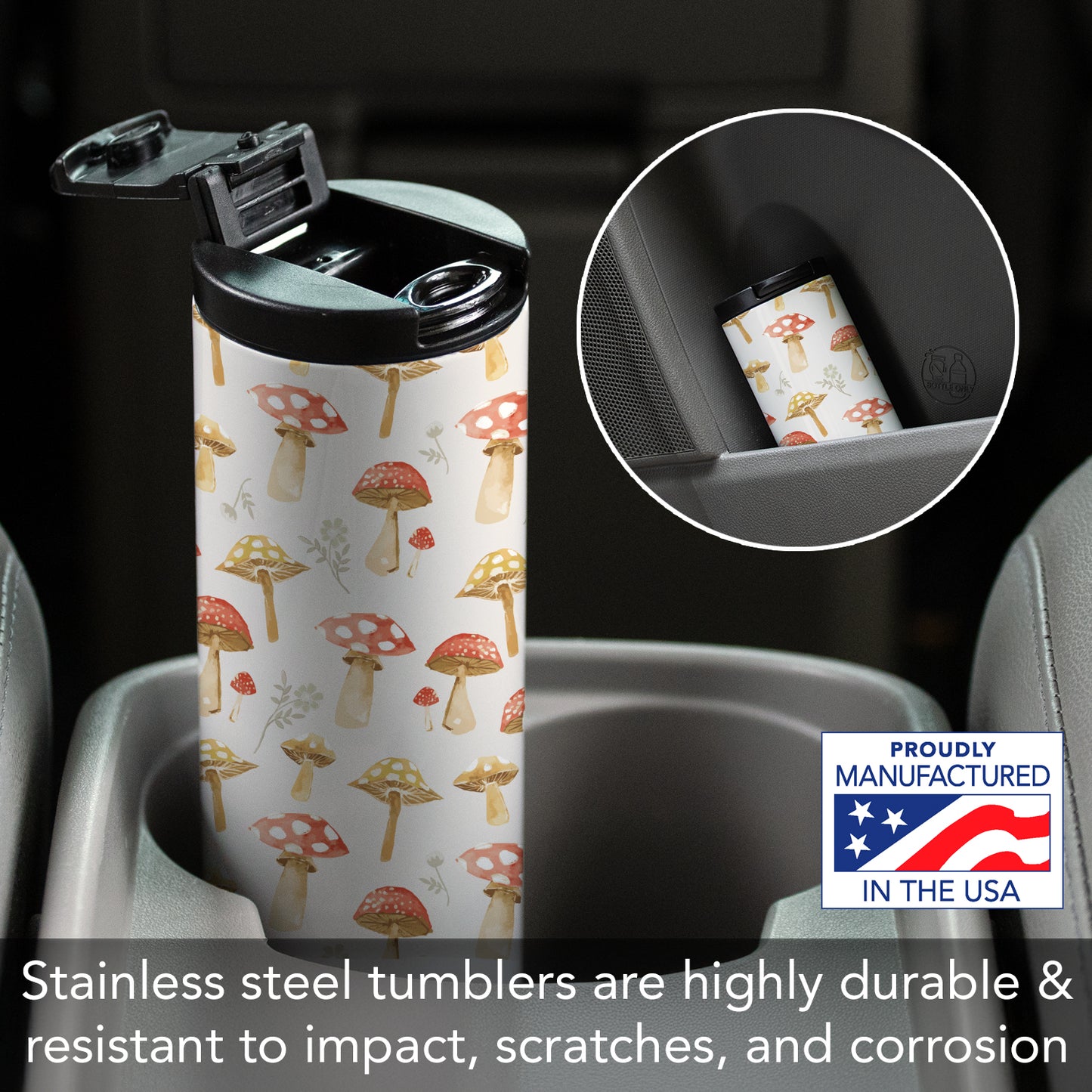 Highland Home Mushroom Mode Decorative Stainless Steel Double Wall Insulated Travel Tumbler with Lid 17 oz. Manufactured in the USA Dishwasher Safe