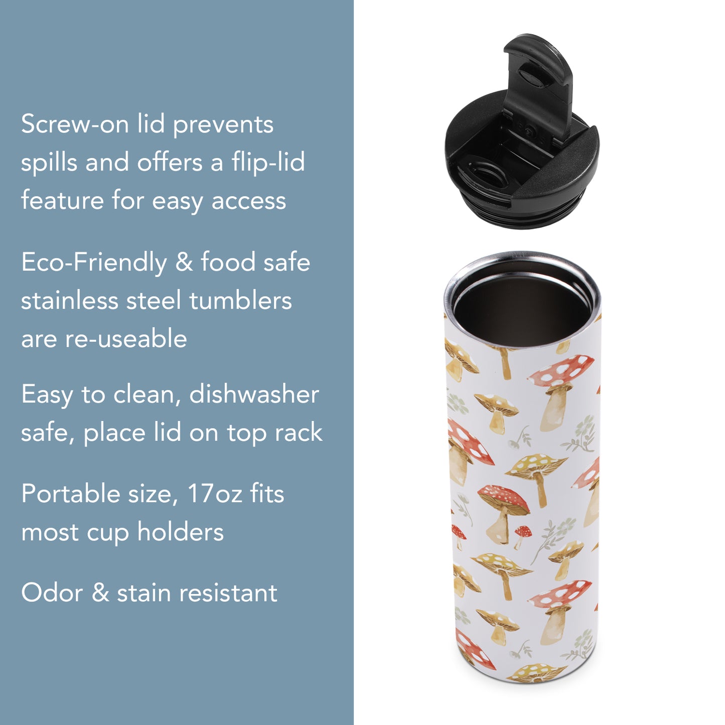 Highland Home Mushroom Mode Decorative Stainless Steel Double Wall Insulated Travel Tumbler with Lid 17 oz. Manufactured in the USA Dishwasher Safe