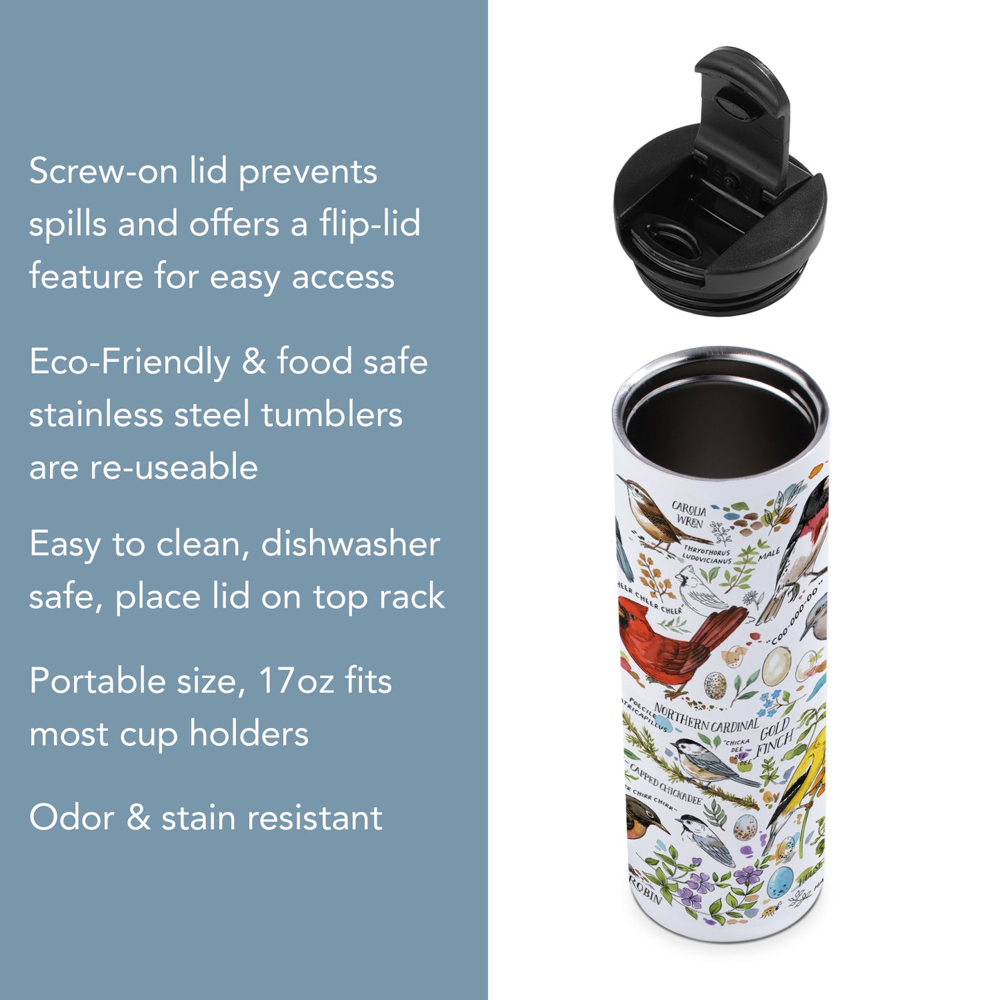 Highland Home Drawn Birds Decorative Stainless Steel Double Wall Insulated Travel Tumbler with Lid 17 oz. Manufactured in the USA Dishwasher Safe