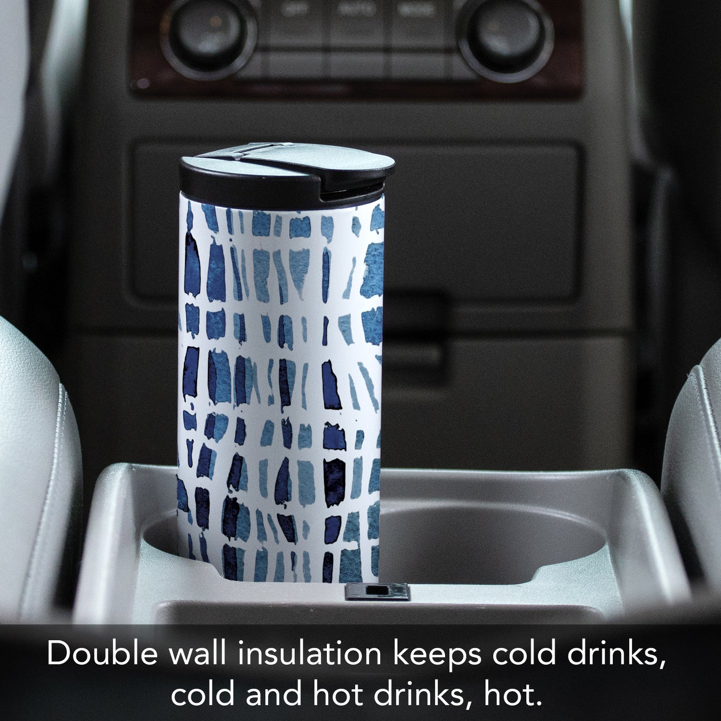 Highland Home Wavy Indigo Decorative Stainless Steel Double Wall Insulated Travel Tumbler with Lid 17 oz. Manufactured in the USA Dishwasher Safe