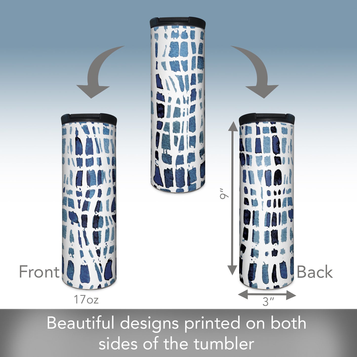 Highland Home Wavy Indigo Decorative Stainless Steel Double Wall Insulated Travel Tumbler with Lid 17 oz. Manufactured in the USA Dishwasher Safe