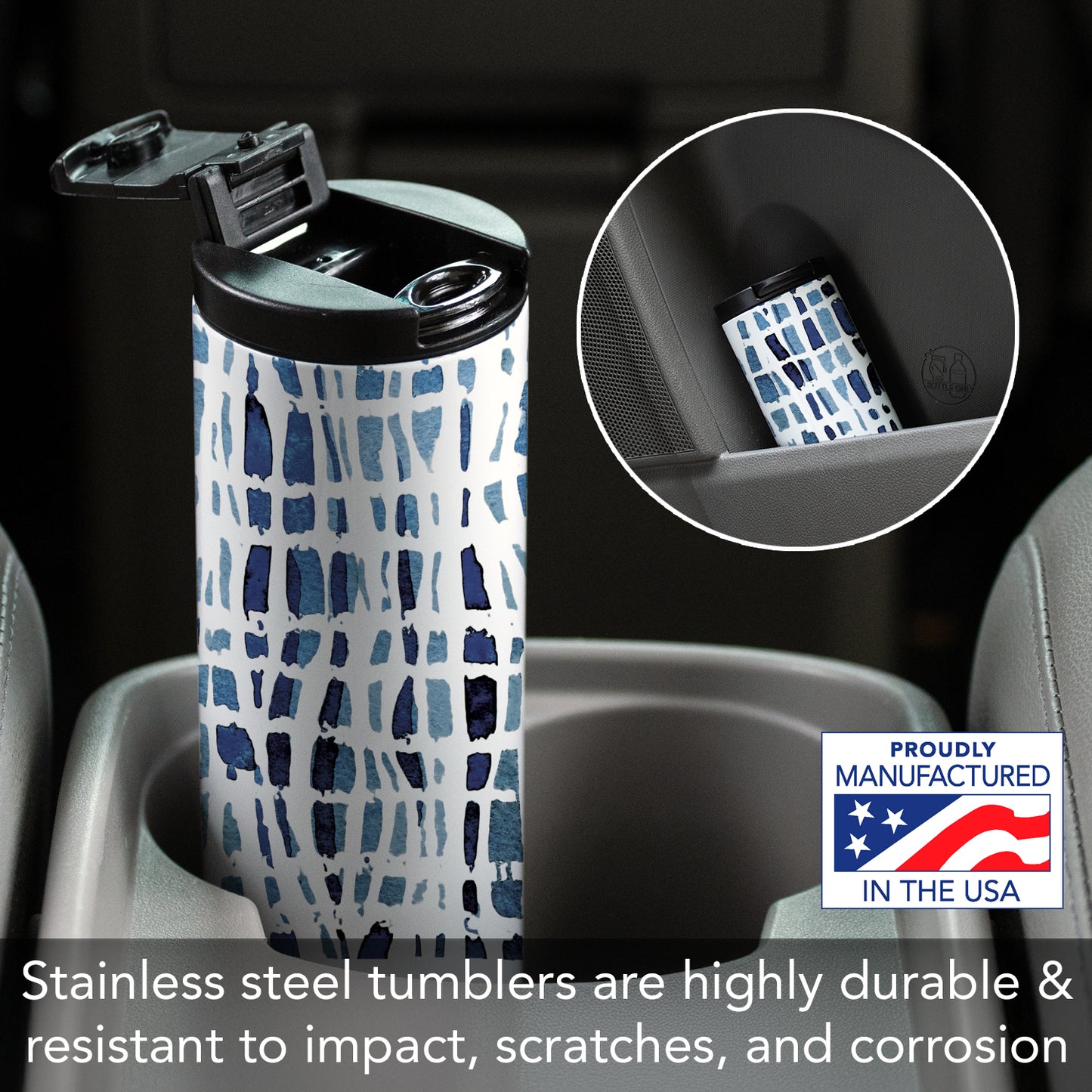 Highland Home Wavy Indigo Decorative Stainless Steel Double Wall Insulated Travel Tumbler with Lid 17 oz. Manufactured in the USA Dishwasher Safe