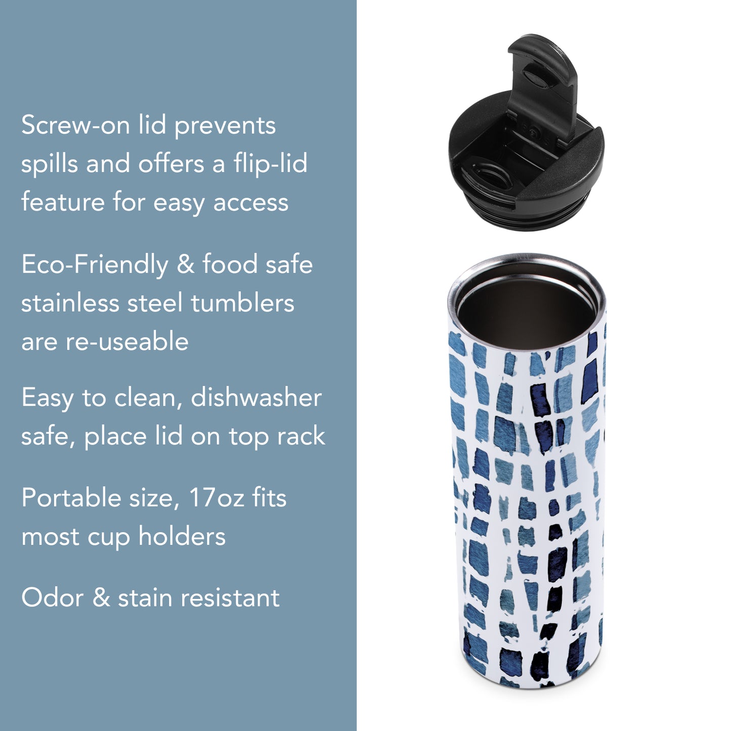 Highland Home Wavy Indigo Decorative Stainless Steel Double Wall Insulated Travel Tumbler with Lid 17 oz. Manufactured in the USA Dishwasher Safe