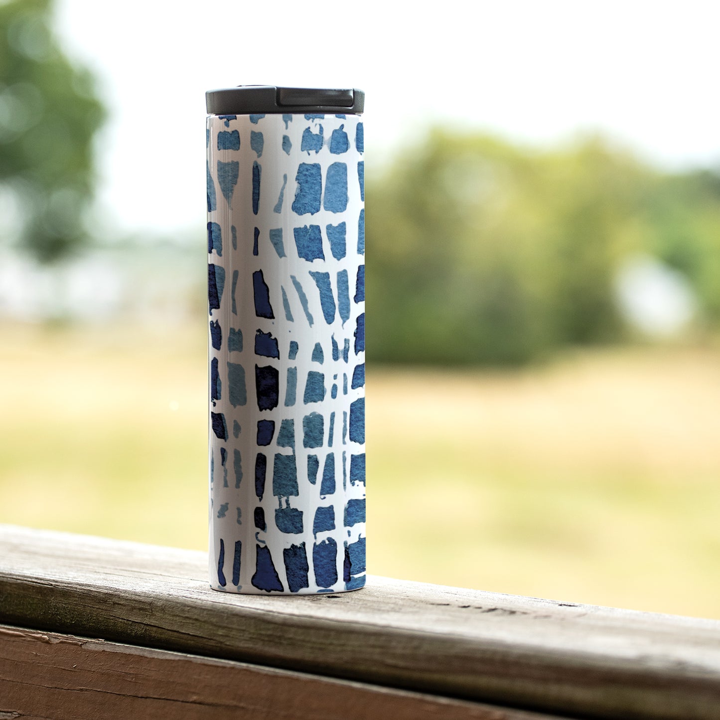 Highland Home Wavy Indigo Decorative Stainless Steel Double Wall Insulated Travel Tumbler with Lid 17 oz. Manufactured in the USA Dishwasher Safe
