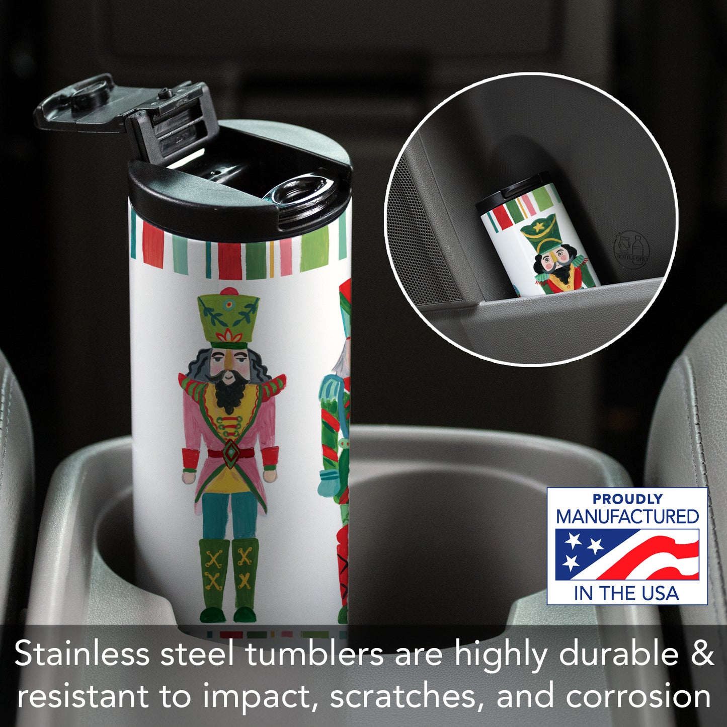 Highland Home Holiday Nutcrackers Decorative Stainless Steel Double Wall Insulated Travel Tumbler with Lid 17 oz. Manufactured in the USA Dishwasher Safe
