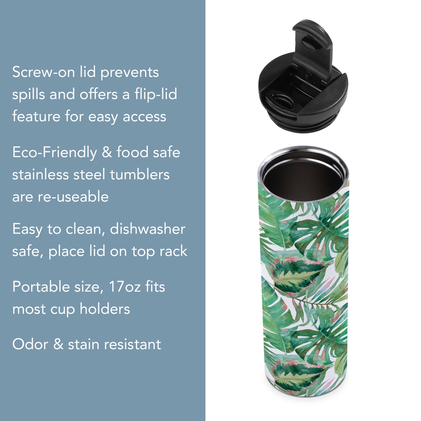 Highland Home Jungle Decorative Stainless Steel Double Wall Insulated Travel Tumbler with Lid 17 oz. Manufactured in the USA Dishwasher Safe