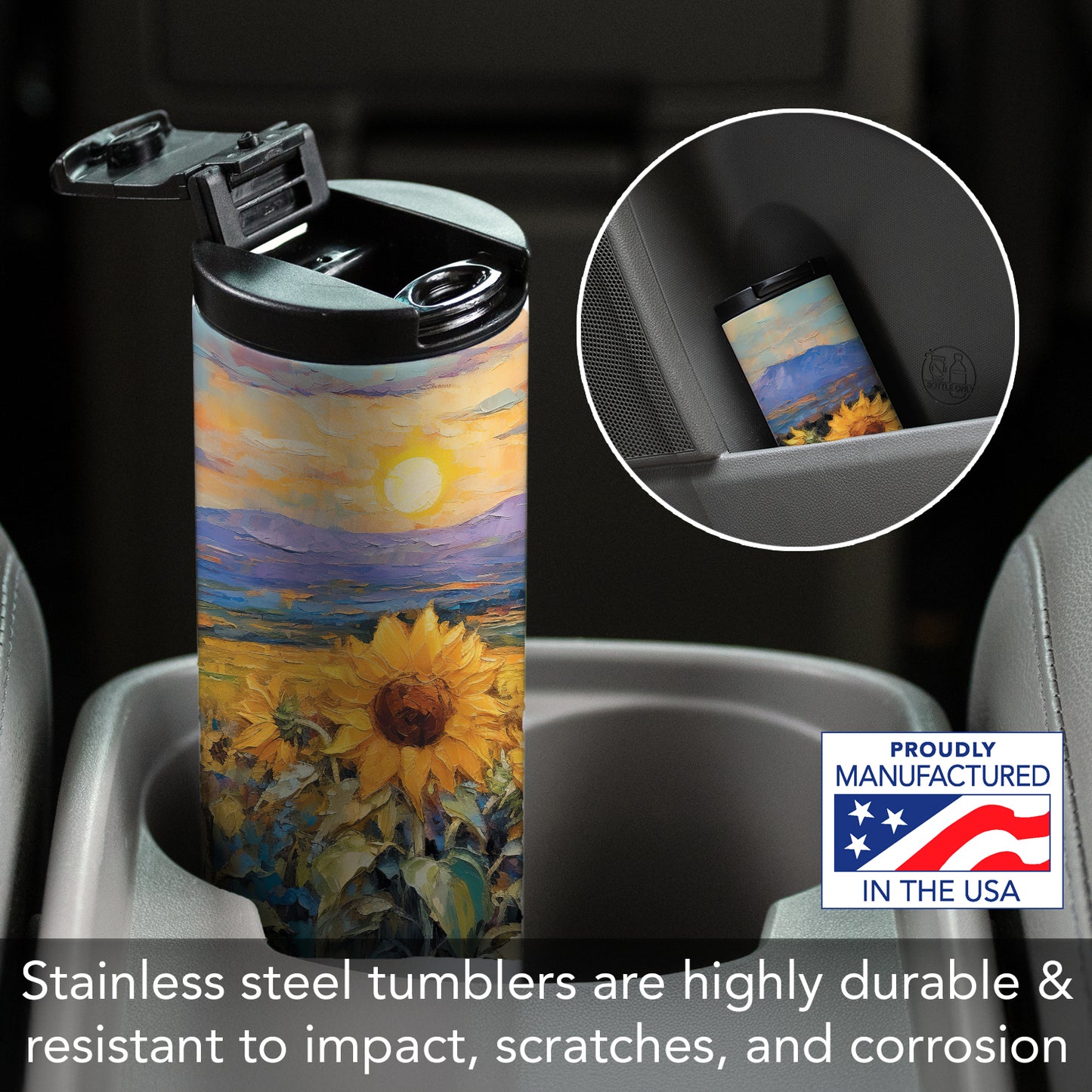 Highland Home Field of Sunflowers Decorative Stainless Steel Double Wall Insulated Travel Tumbler with Lid 17 oz. Manufactured in the USA Dishwasher Safe
