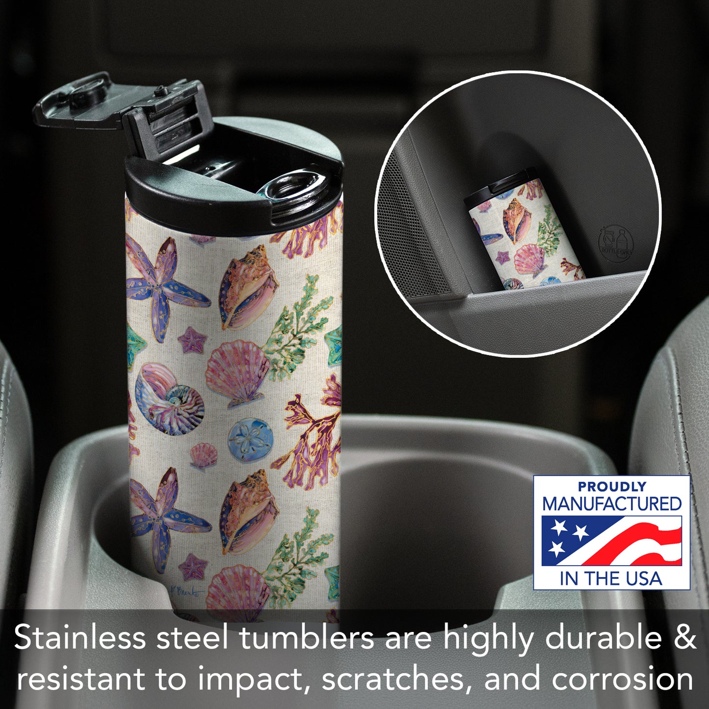Highland Home Decorative Stainless Steel Double Wall Insulated Travel Tumbler with Lid 17 oz. Manufactured in the USA Dishwasher Safe (Spectrum Shells)