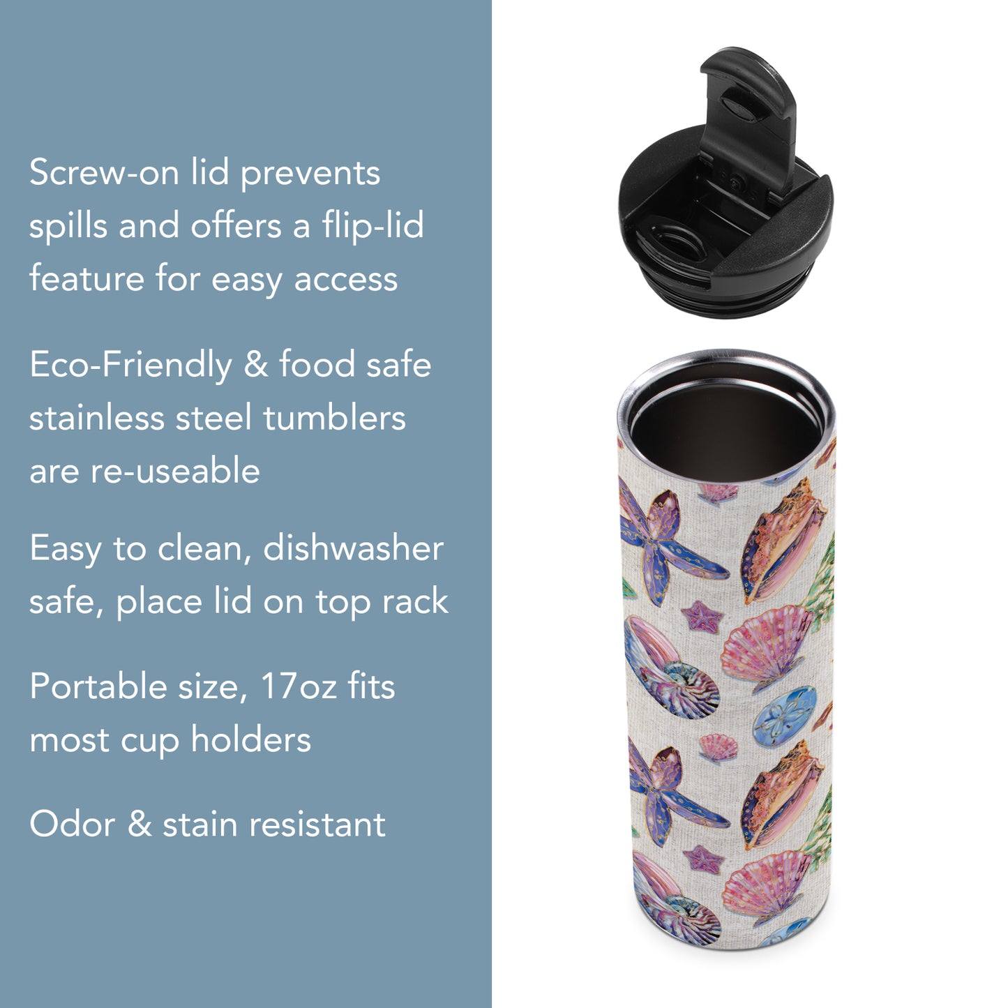 Highland Home Decorative Stainless Steel Double Wall Insulated Travel Tumbler with Lid 17 oz. Manufactured in the USA Dishwasher Safe (Spectrum Shells)