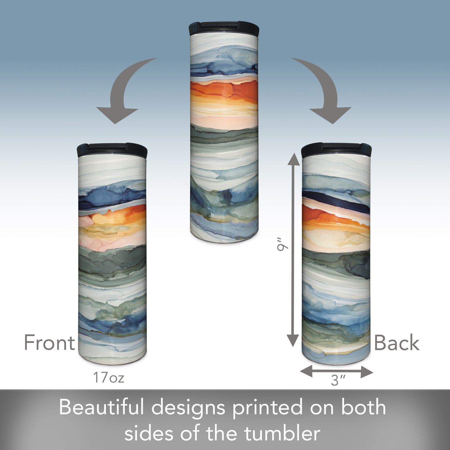 Highland Home Watercolor Sunrise Decorative Stainless Steel Double Wall Insulated Travel Tumbler with Lid 17 oz. Manufactured in the USA Dishwasher Safe